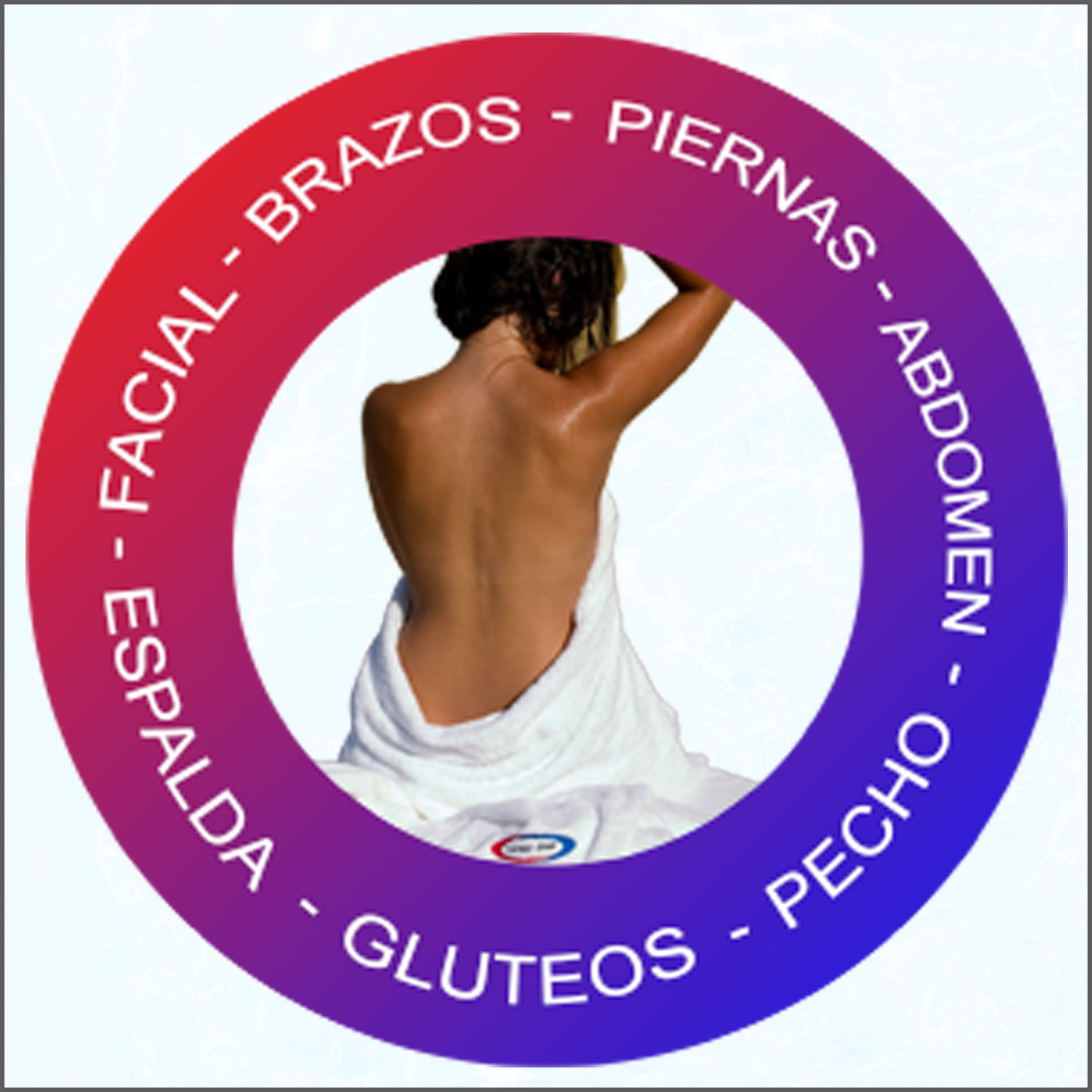 Cercle avec une femme stylisée en arrière-plan, le cercle reflète les différentes parties du corps où peuvent être appliqués des traitements avec des appareils esthétiques.