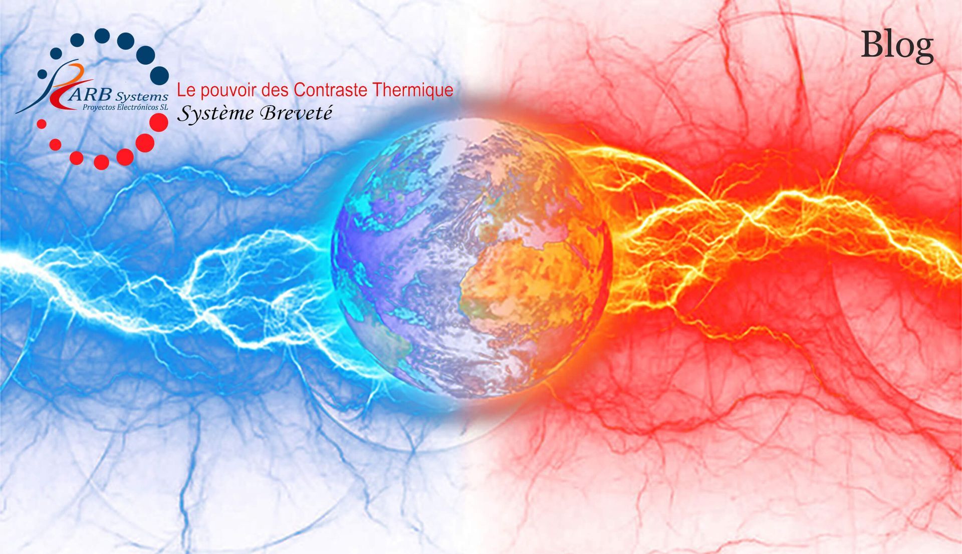 Contrastes thermiques, l'image montre un cercle vitré avec un rayon bleu à gauche et un rayon rouge à droite.