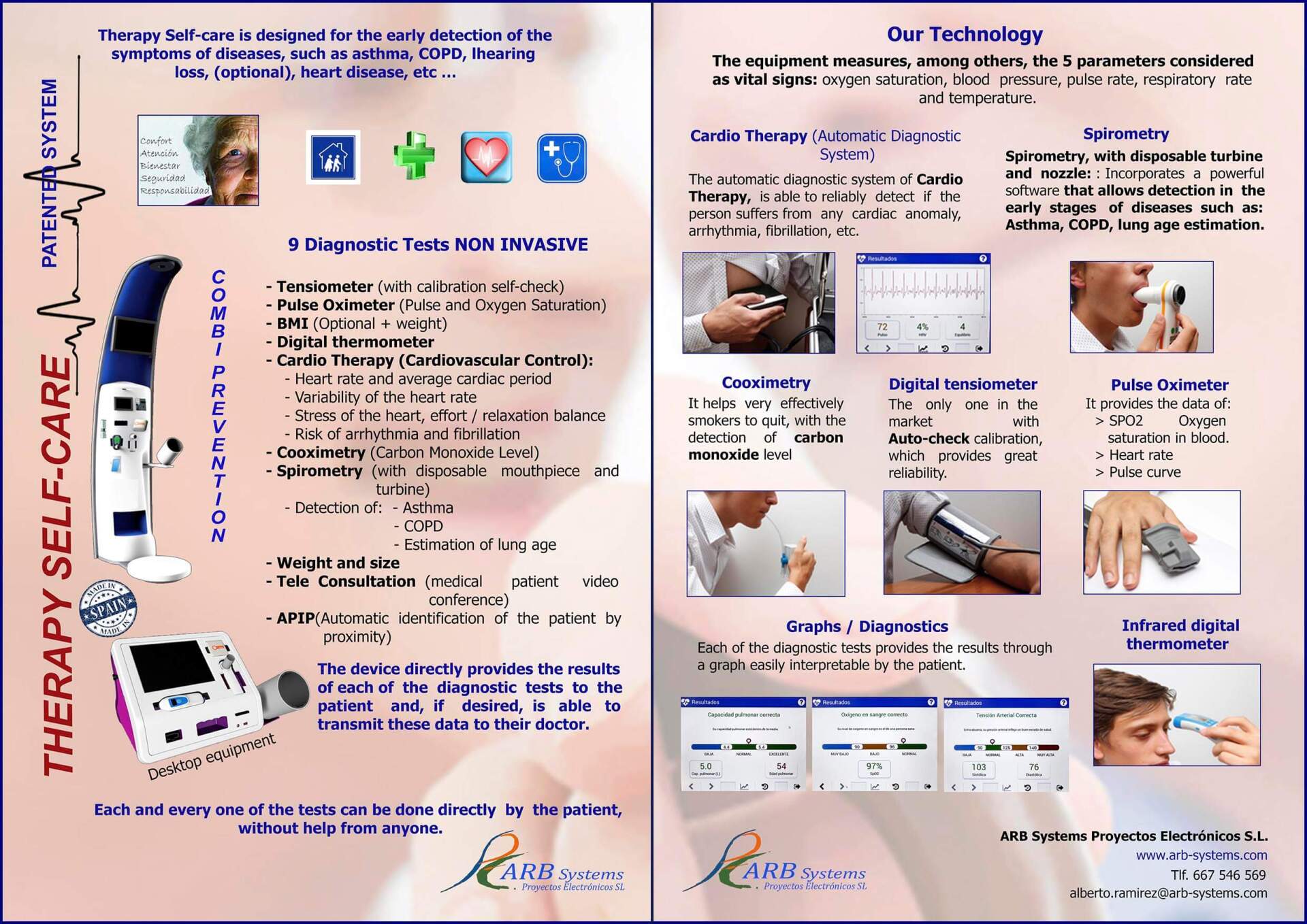 FLYER THERAPY SELF-CARE Information flyer on equipment features.