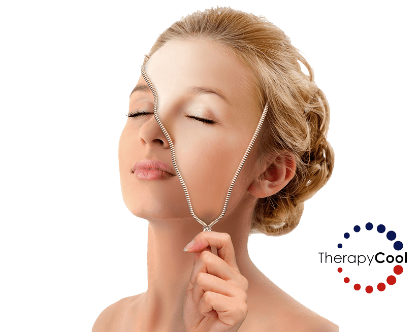 Aparatología estética facial, la imagen muestra rostro de mujer con una cremallera que descubre un antes y después.