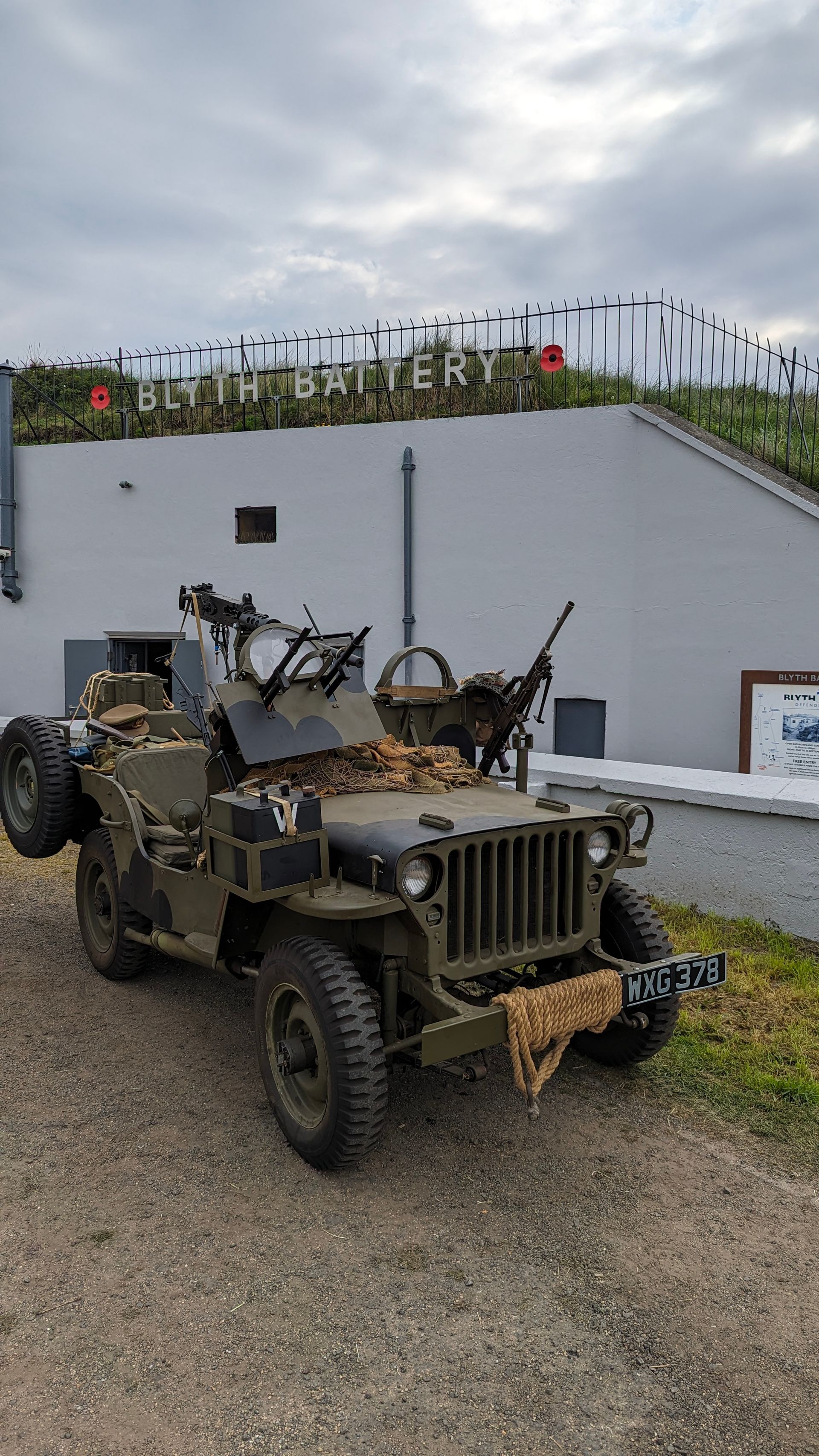Armed WWII Jeep parked in front of Blyth Battery Magazine