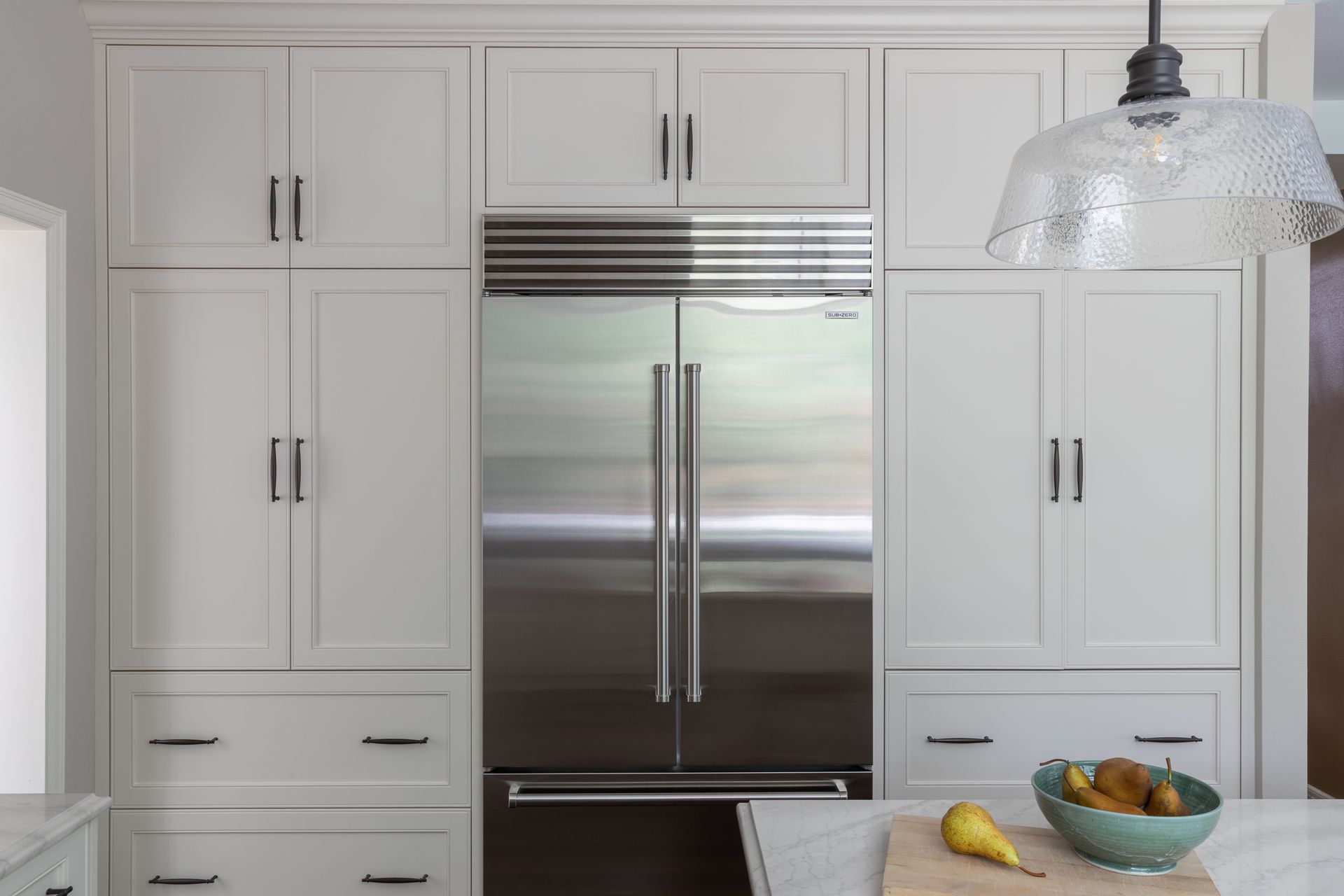 Pine Lake Sammamish custom kitchen cabinets — fridge wall