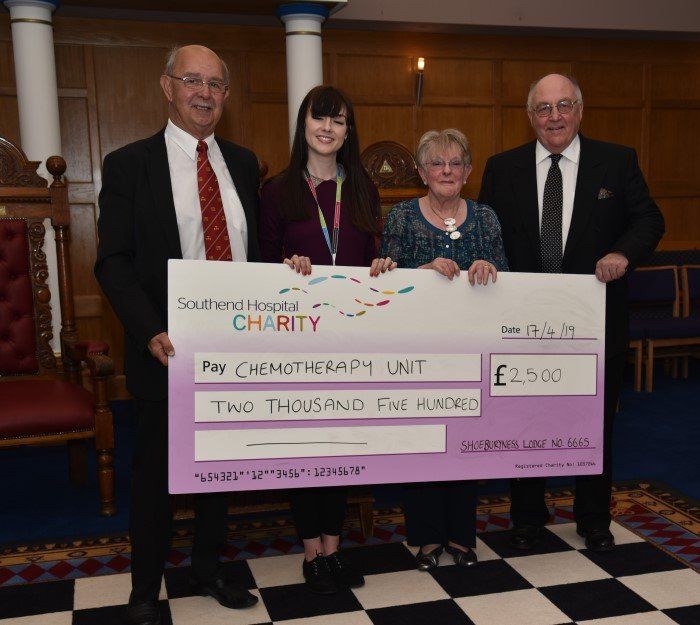 Mrs Barbara Oliver, W.Bro. Ian Hunt, and W.Bro Roy Bryant presented a cheque for £2500 to Southend Chemotherapy Unit, the money having been raised in W.Bro Tony Oliver's year as Worshipful Master.