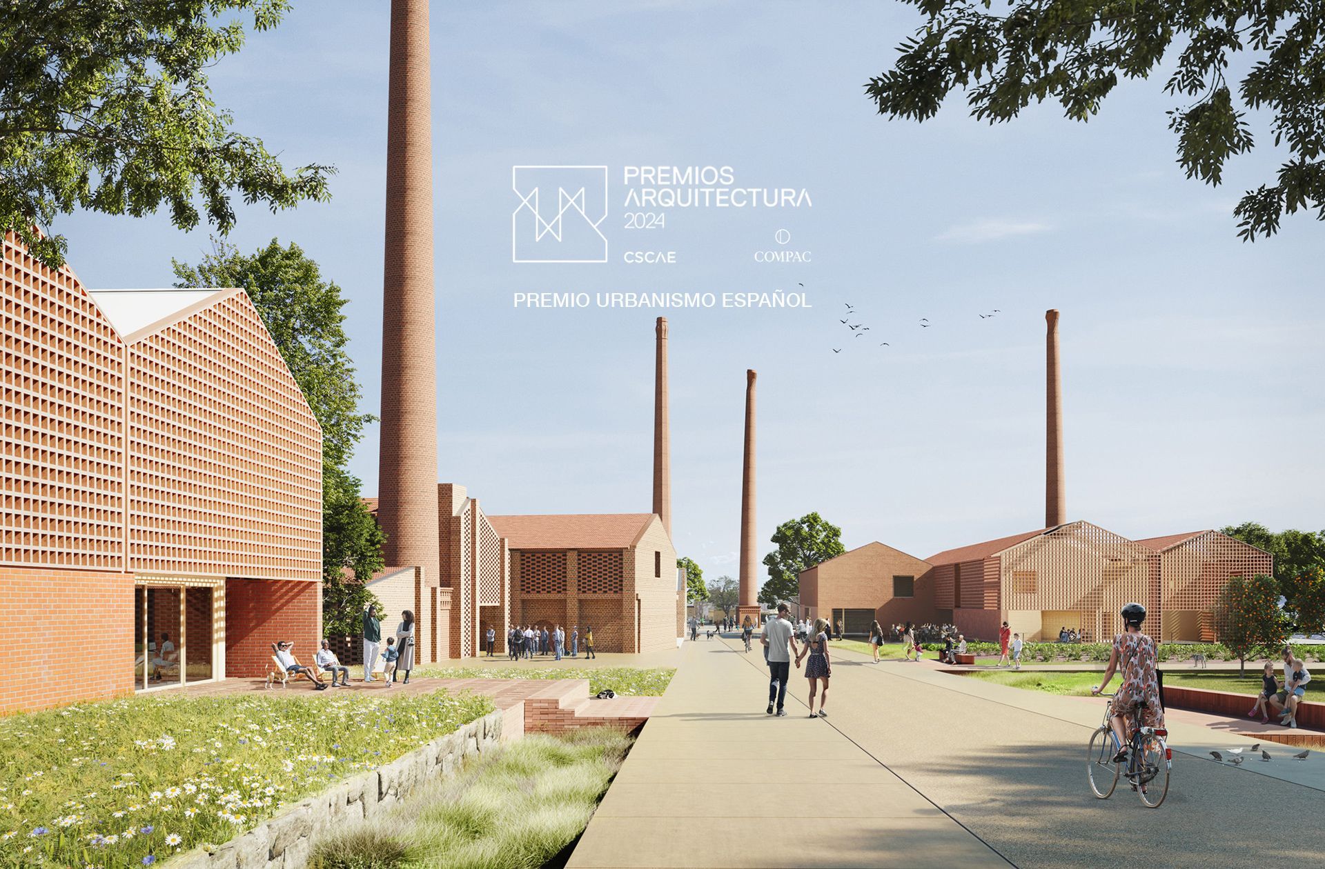 Vecinos de Oliva pasean por el ámbito de Els Rajolars tras la trasnformación urbana propuesta por el estudio Terrario Arquitectura. Se observa el patrimonio industrial recuperado y la renaturalización del entorno.