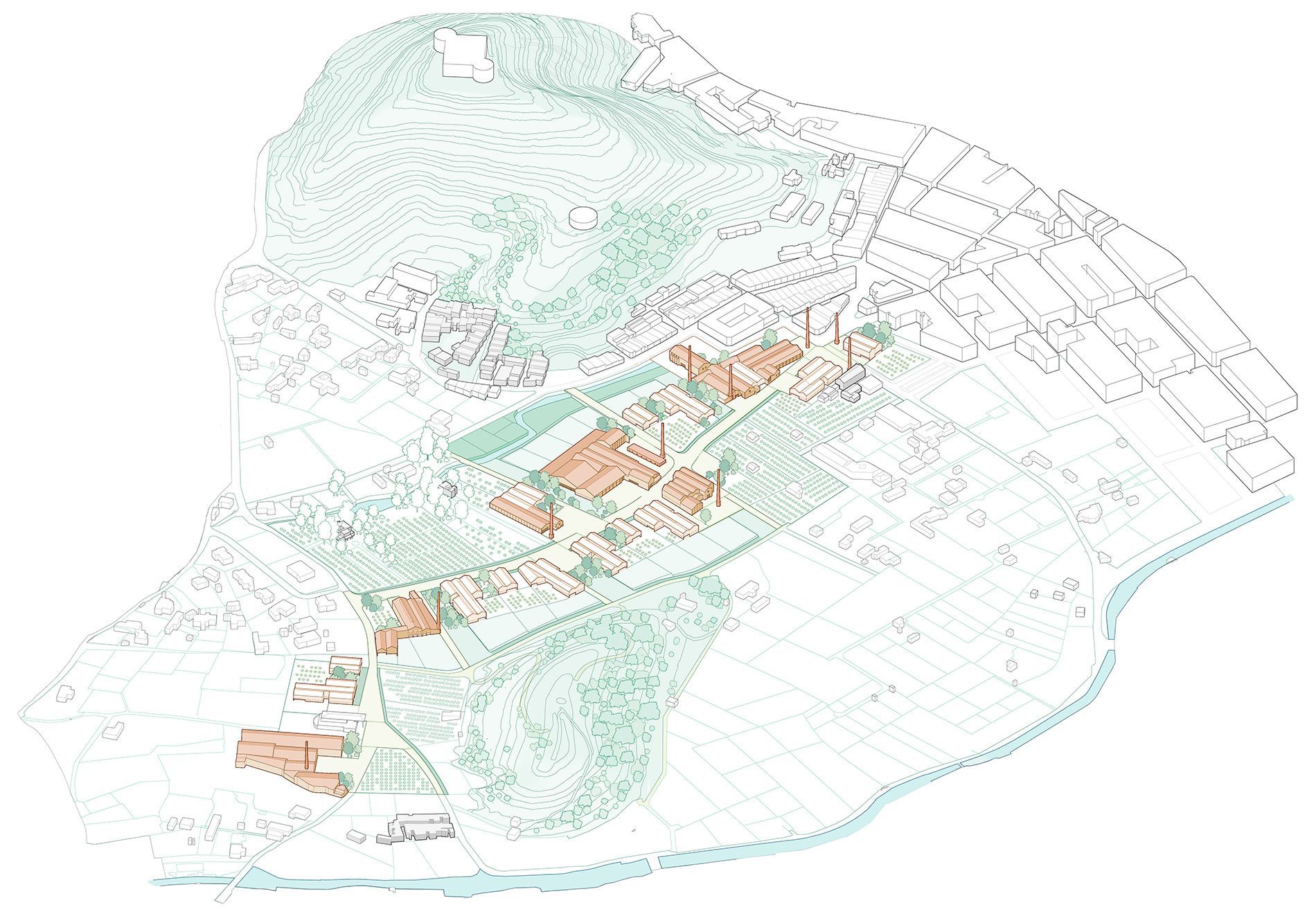 Vista aérea de la trasformación del ámbito de Els Rajolars d'Oliva propuesta por el estudio Terrario Arquitectura