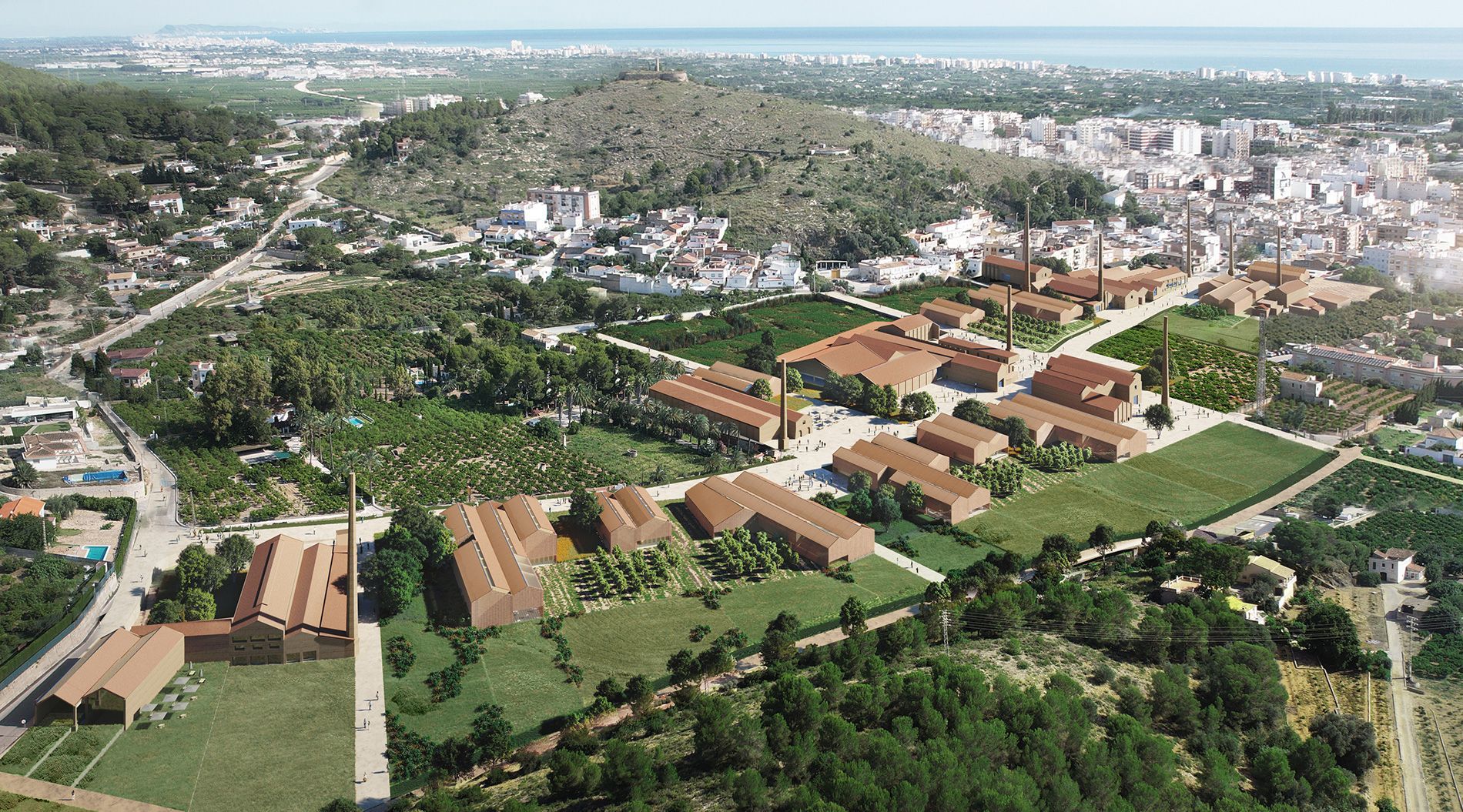 Vista aérea de la regeneración urbana de Els Rajolars d'Oliva propuesta por el estudio Terrario Arquitectura