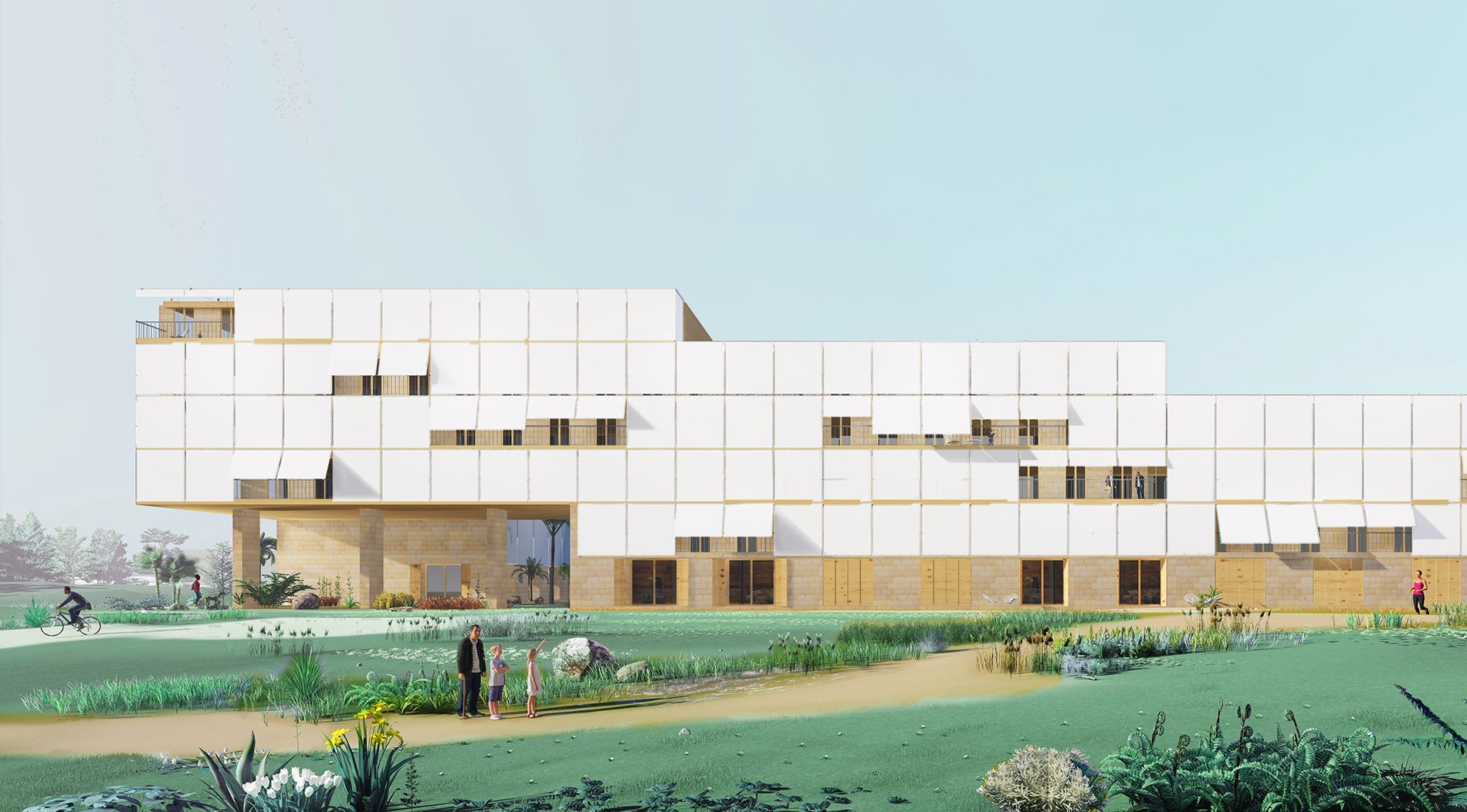 Vecinos de Ibiza pasean por el entorno del edificio de 170 viviendas propuesto por Terrario Arquitectura. Se observa el entorno urbano renaturalizado y la fachada del edificio propuesto basado en técnicas constructivas locales y elementos de protección solar para la adaptación al clima mediterráneo.