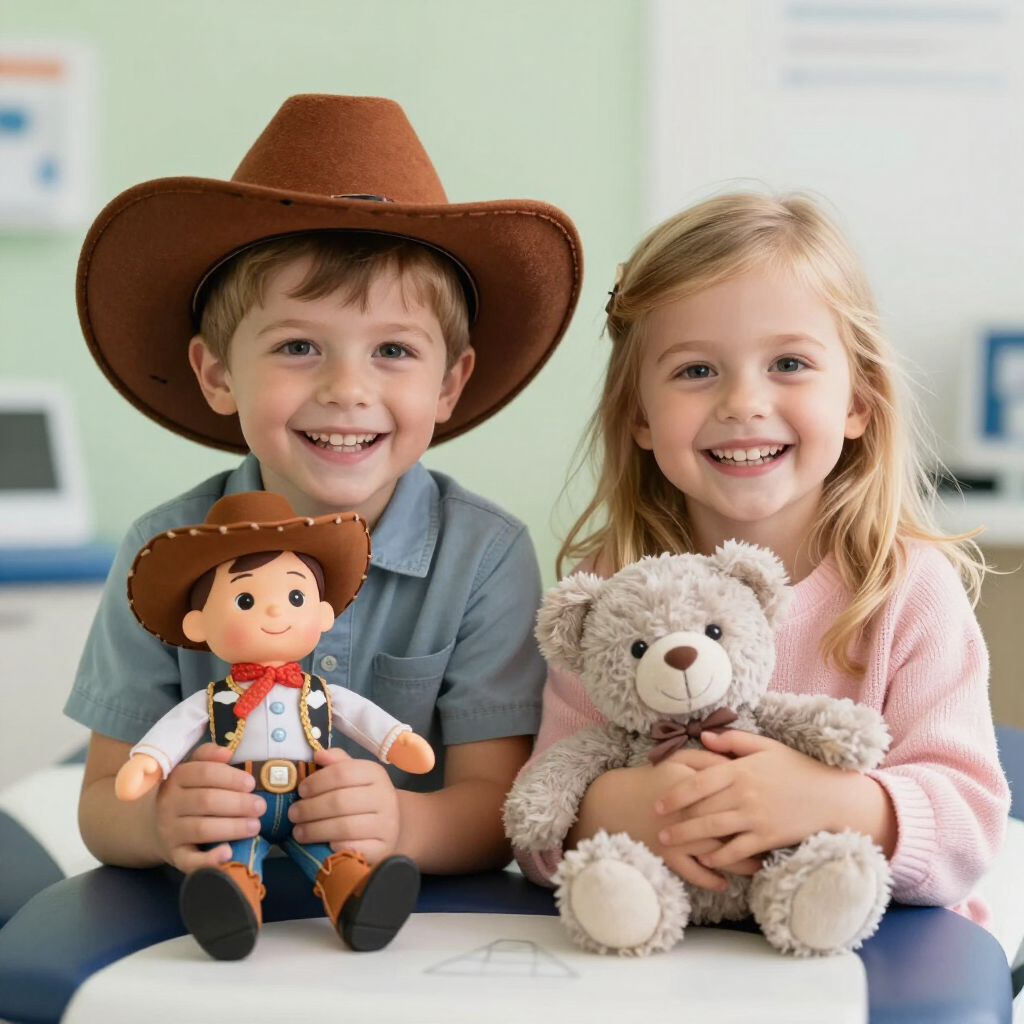 Two young siblings with their toys at the office
