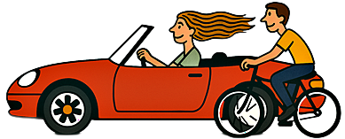 ai image cartoon image of red convertible with woman driving and bicycle with a man riding