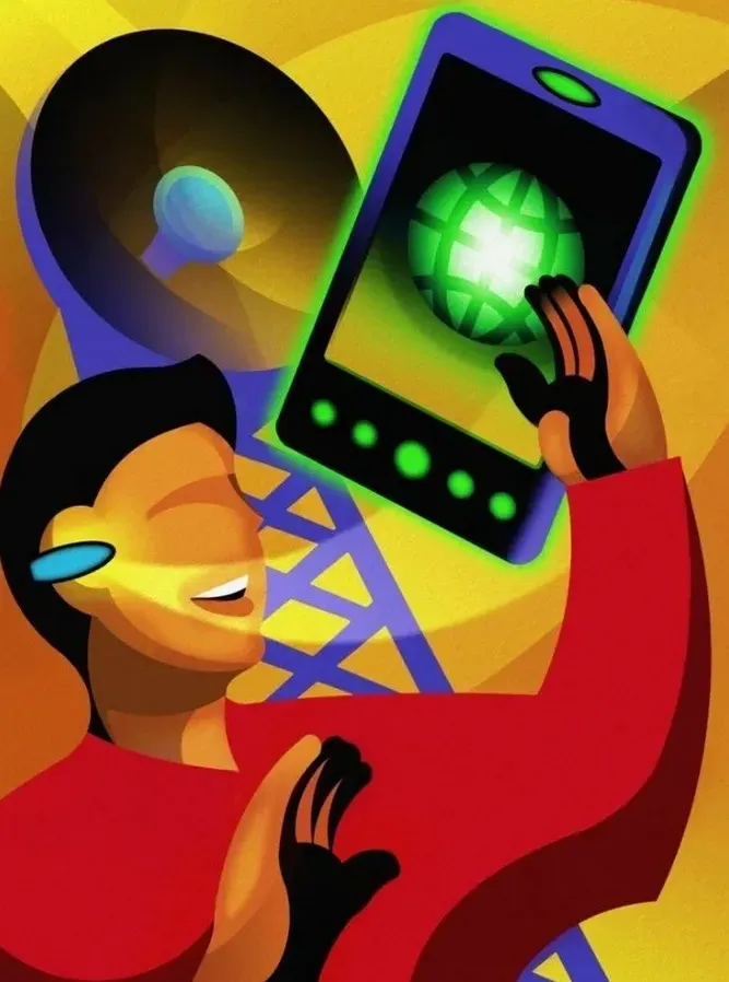 cartoon image of man and a cell phone with a cell phone tower in the background