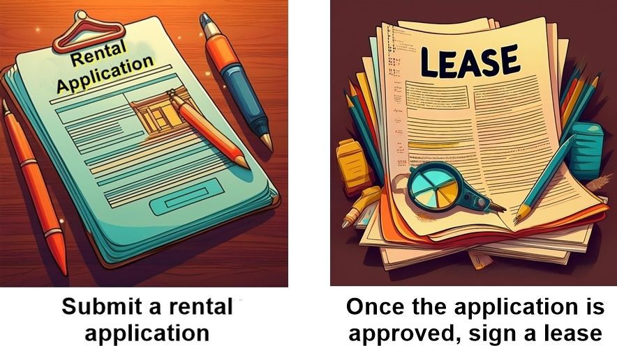 2nd steps in our rental process: submit and application, and sign a lease