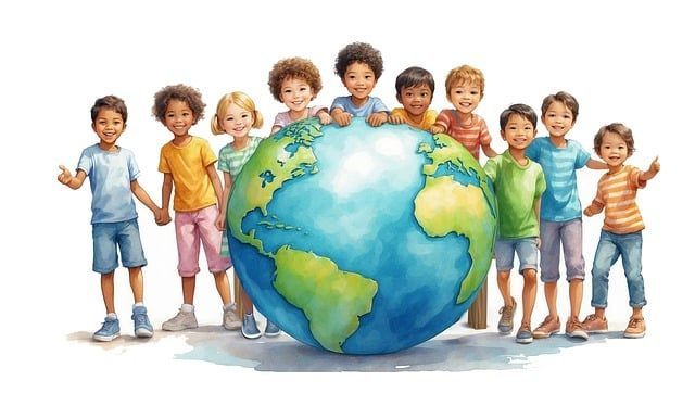 Unos niños detrás del globo terrestre que representa la herencia, y los niños son los legitimarios de esa herencia
