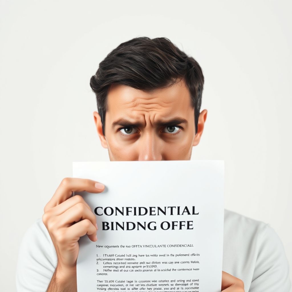 Persona mostrando la oferta vinculante confidencial que ha recibido con expresión de preocupación ¿Cuáles son mis opciones si recibo una oferta vinculante confidencial?