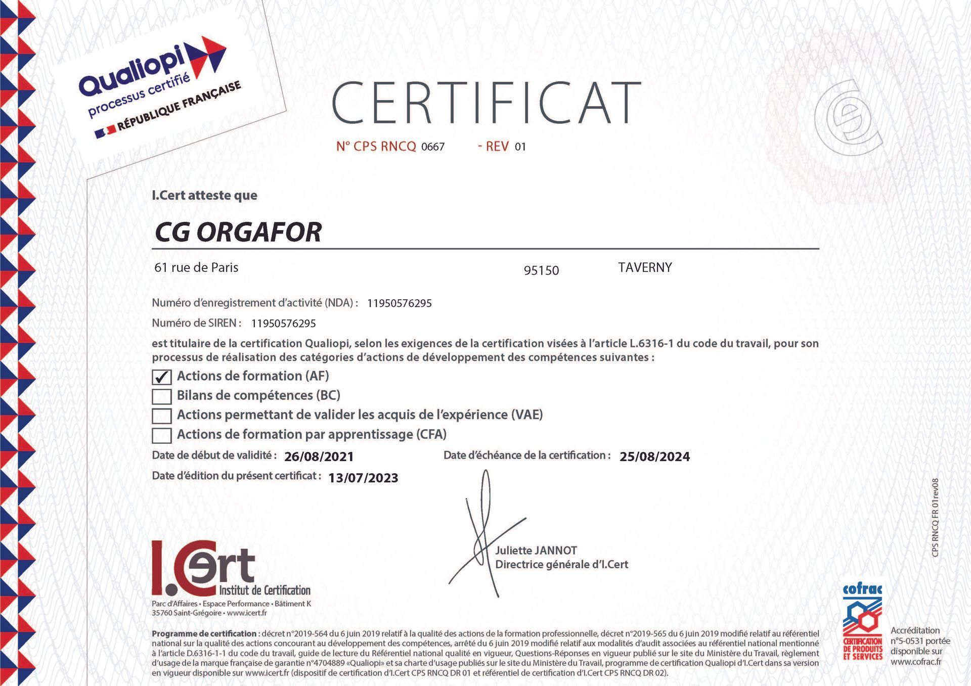 certificat QUALIOPI 2024