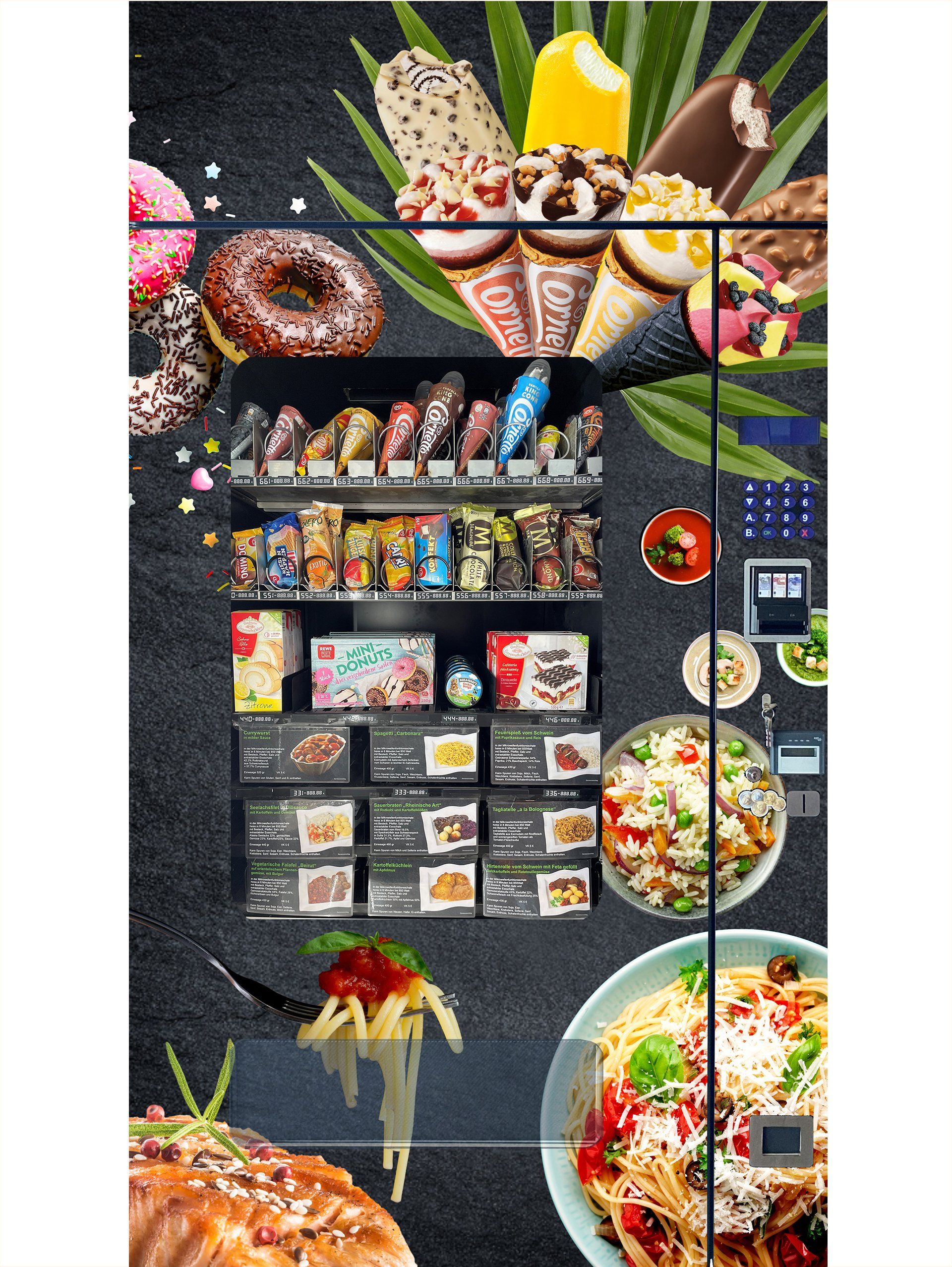 Kantine Zusatzversorgung warme Mahlzeit Eisautomat Donuts Kuchen Menü Tiefkühlgericht Lasagne Rinderroulade Schweinsbraten Spaghetti Bolognese