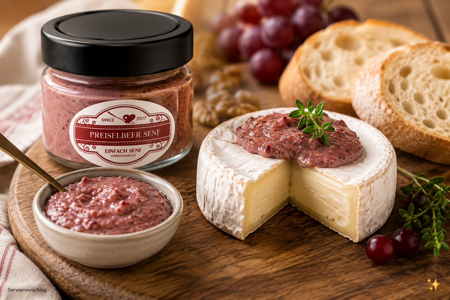 Cremiger Camembert mit Preiselbeersenf von Einfach Senf auf einer rustikalen Käseplatte mit Brot, Walnüssen und Trauben.