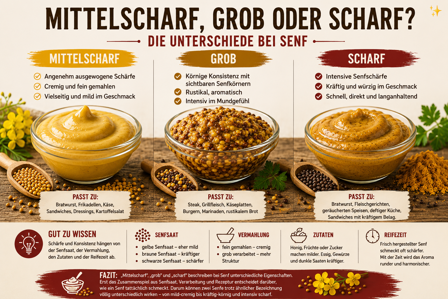 Unterschied zwischen mittelscharfem, grobem und scharfem Senf