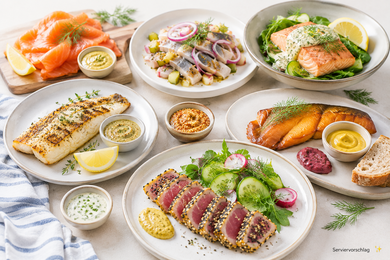Verschiedene Fischgerichte mit passenden Senfsaucen, darunter Lachs, Matjes, Räucherfisch und gebratener Fisch