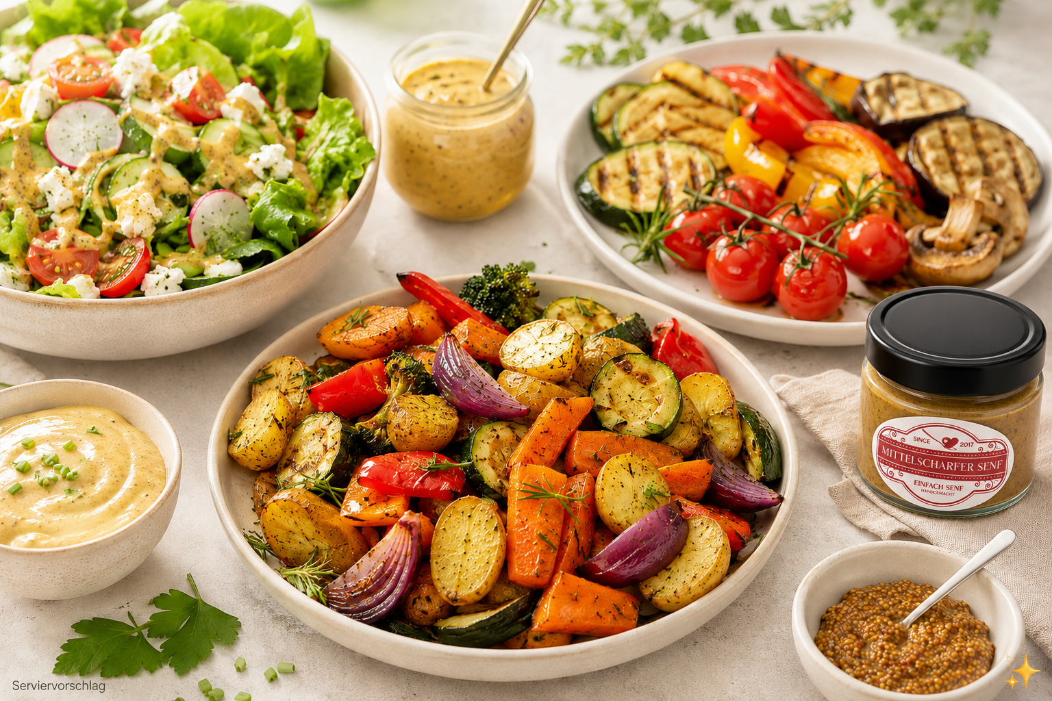 Senf zu Gemüse mit Ofengemüse, Grillgemüse und Salat