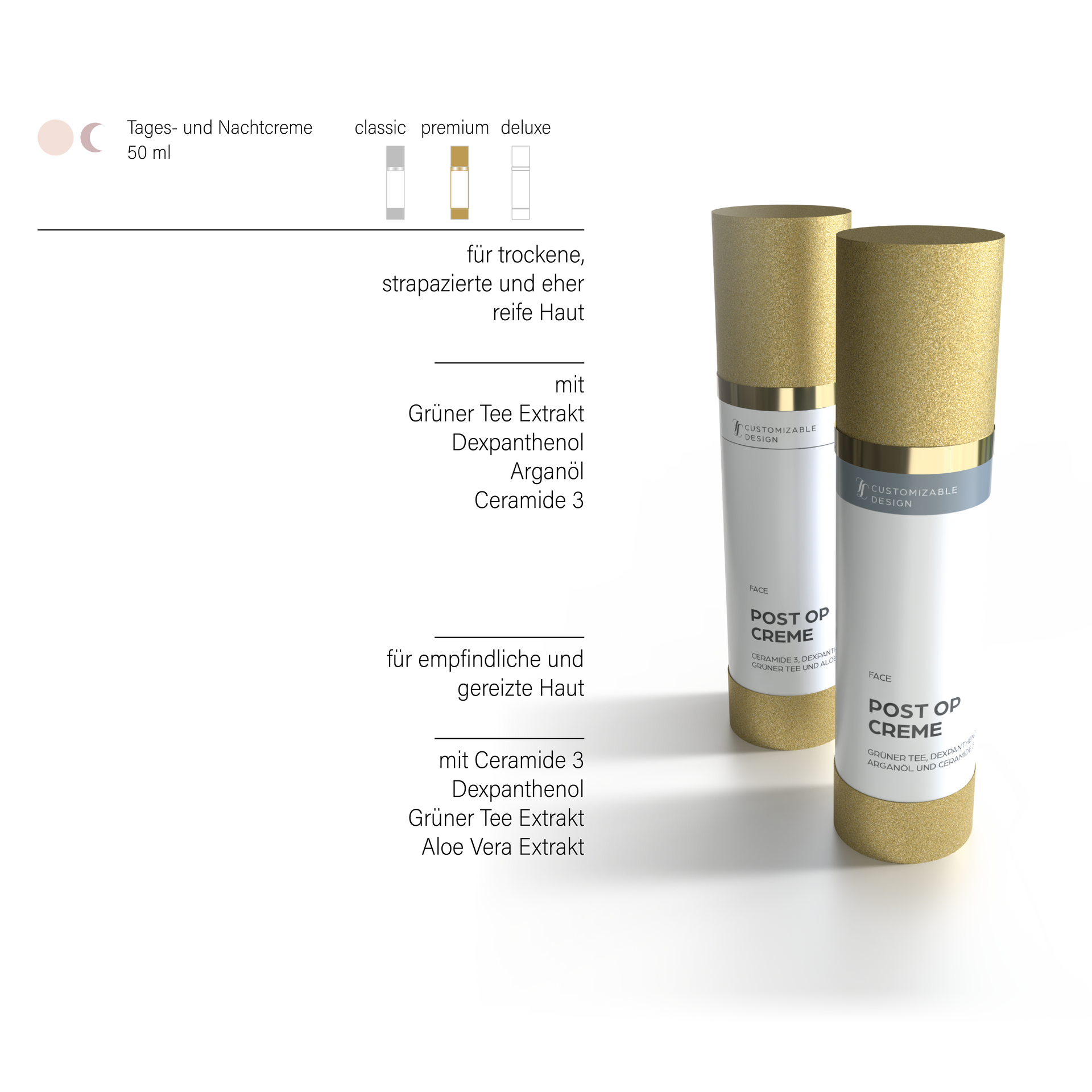 Gesichtscreme mit Grüner Tee Extrakt, Dexpanthenol, Arganöl und Ceramide 3 oder mit Ceramide 3, Dexpanthenol, Grüner Tee Extrakt und Aloe Vera Extrakt