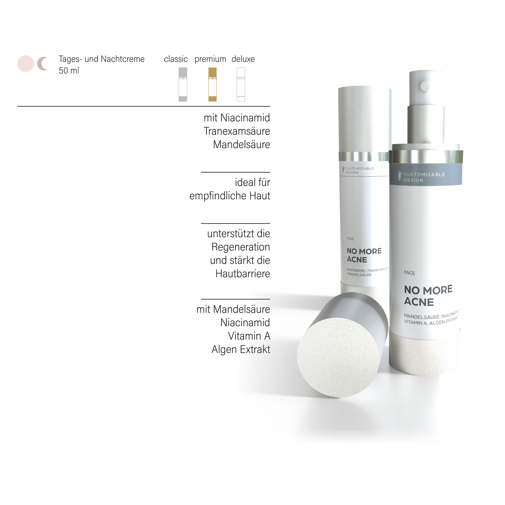 Gesichtscreme mit Niacinamid, Tranexamsäure, Mandelsäure oder mit Vitamin A und Algen Extrakt