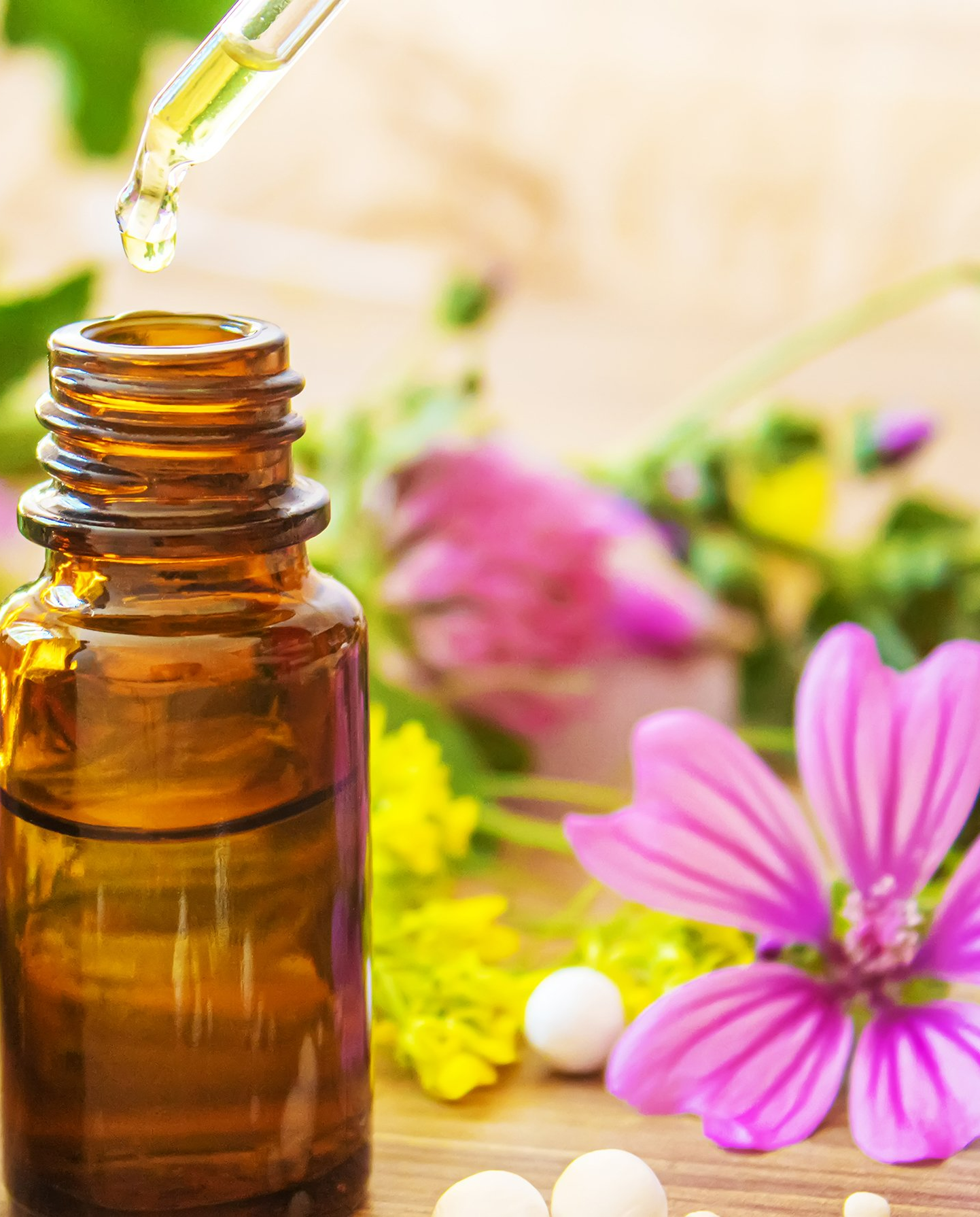 Heilkräuter, Öl in kleiner Flasche Heilkräuter, Öle in kleinen Flaschen Homöopathie. selektiver Fokus
