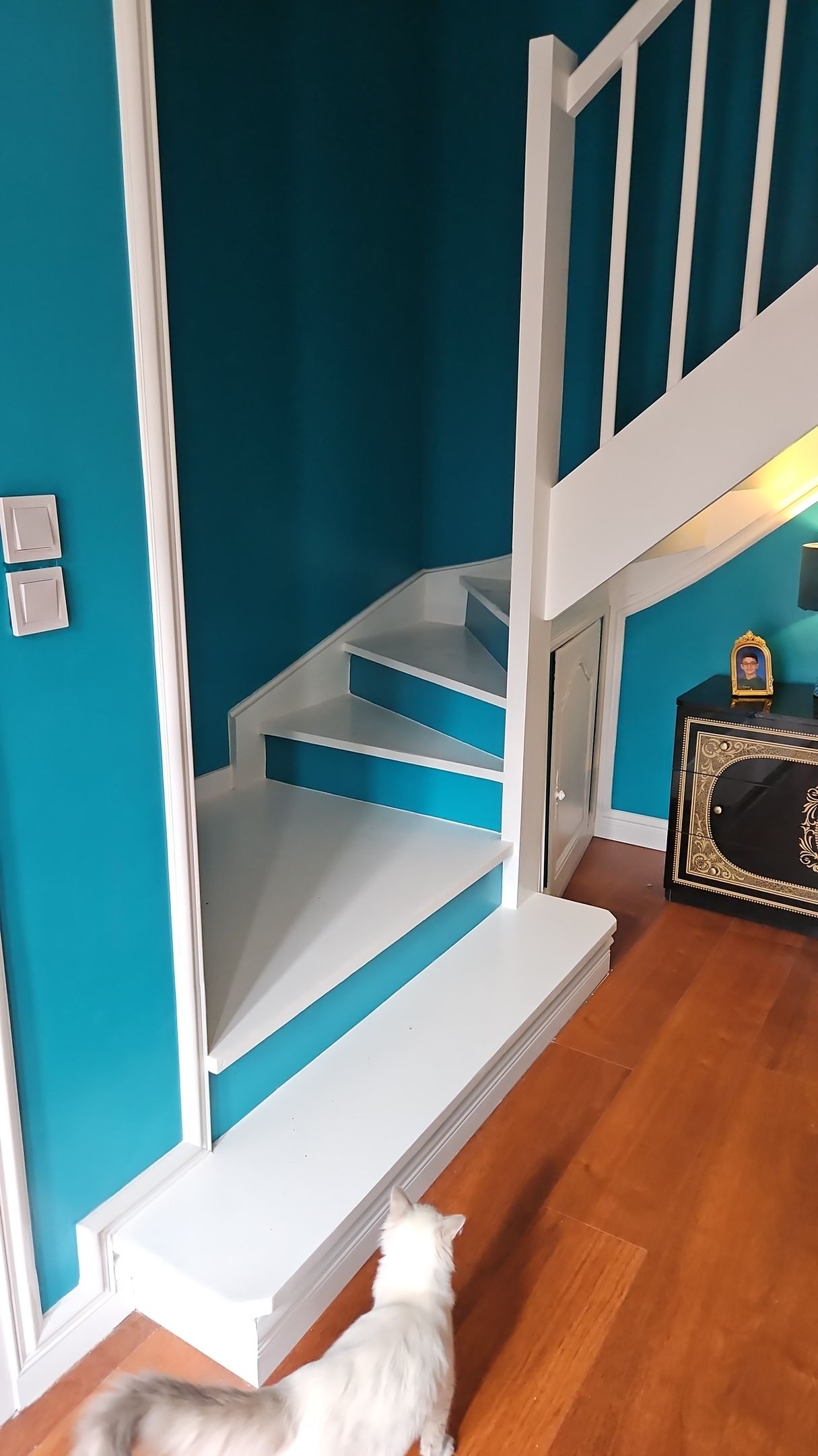 Travaux de peinture après enduit et ponçage, 2 tons, rampe bois, cage d'escalier, marches et contre-marches peintes, moulures