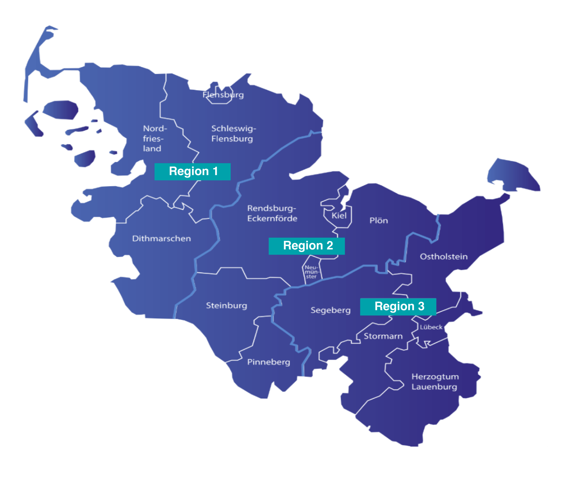 Diese Grafik stellt eine Schleswig-Holstein Karte dar, welche die Mitgliedsverbände des Landesseniorenrats Schleswig-Holstein in drei Regionen unterteilt.