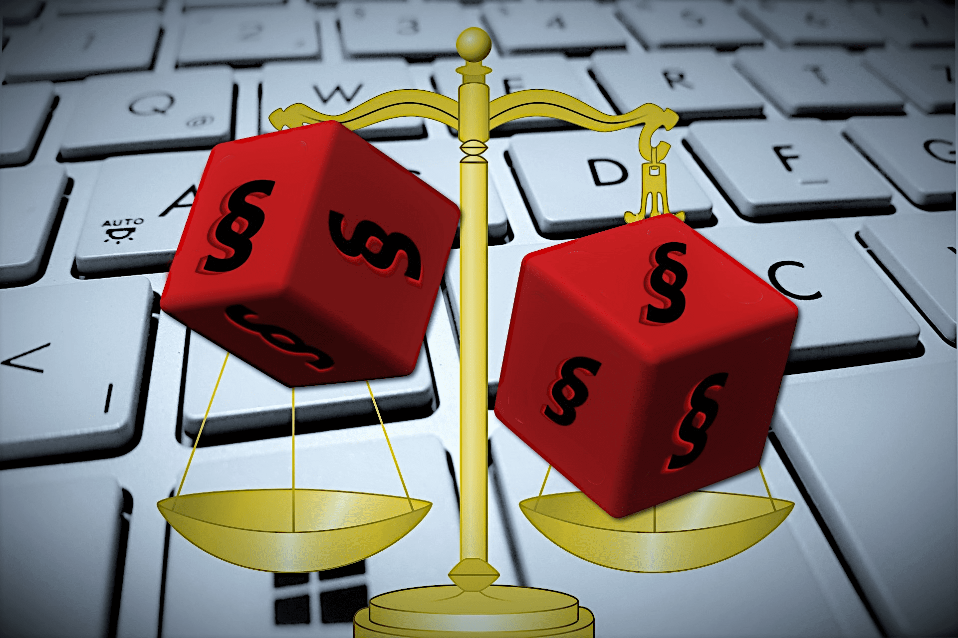 Erbansprüche durchsetzen Gerichtlich Erbansprüche durchsetzen, Waage mit Paragrafenwürfeln in jeder Waagschale