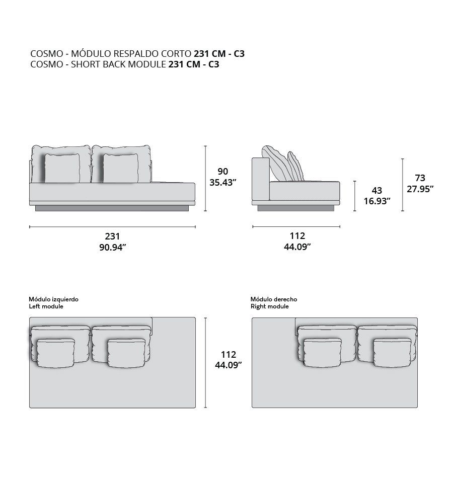 cosmo modulo respaldo corto 231 cm - c3 cosmo modulo respaldo corto 231 cm - c3