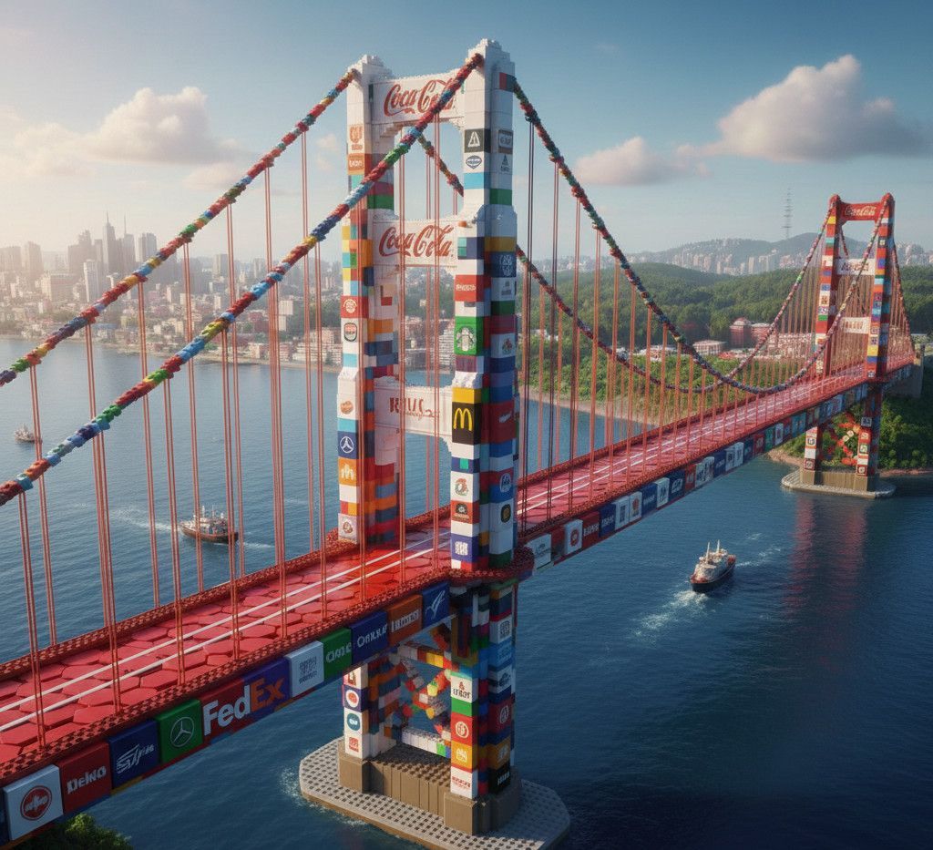 El puente de San Francisco hecho con bloques de Lego, algunos decorados con logotipos de marcas famo