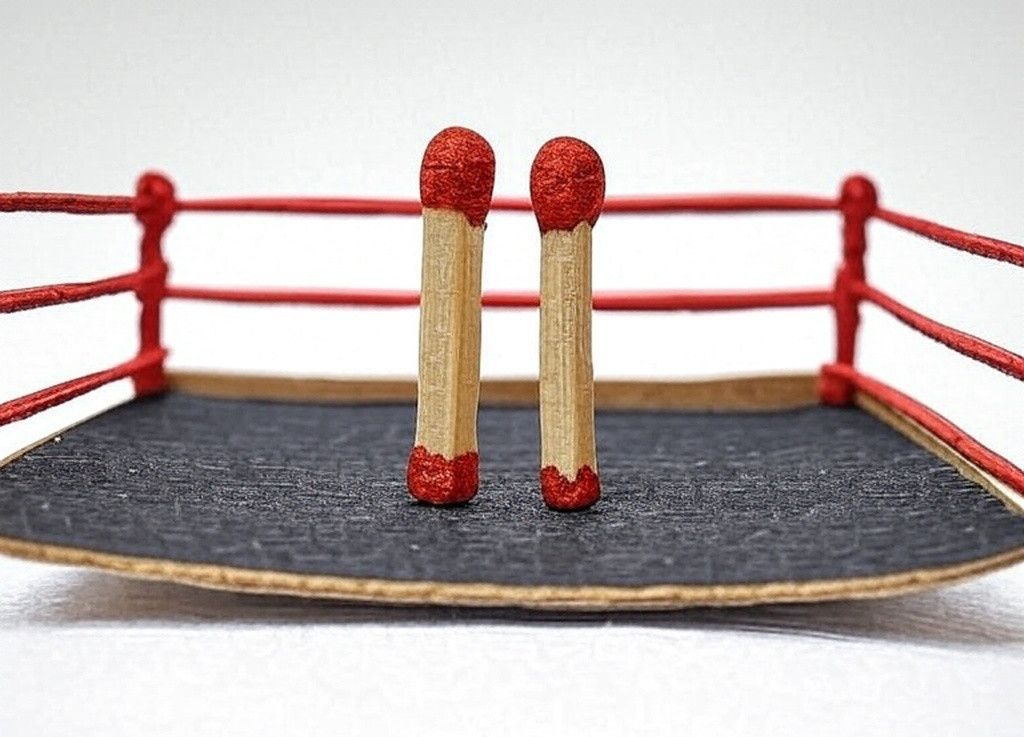 Dos cerillos enfrentándose sobre un ring de cartón. La fricción entre ellos puede sacar chispas, ide