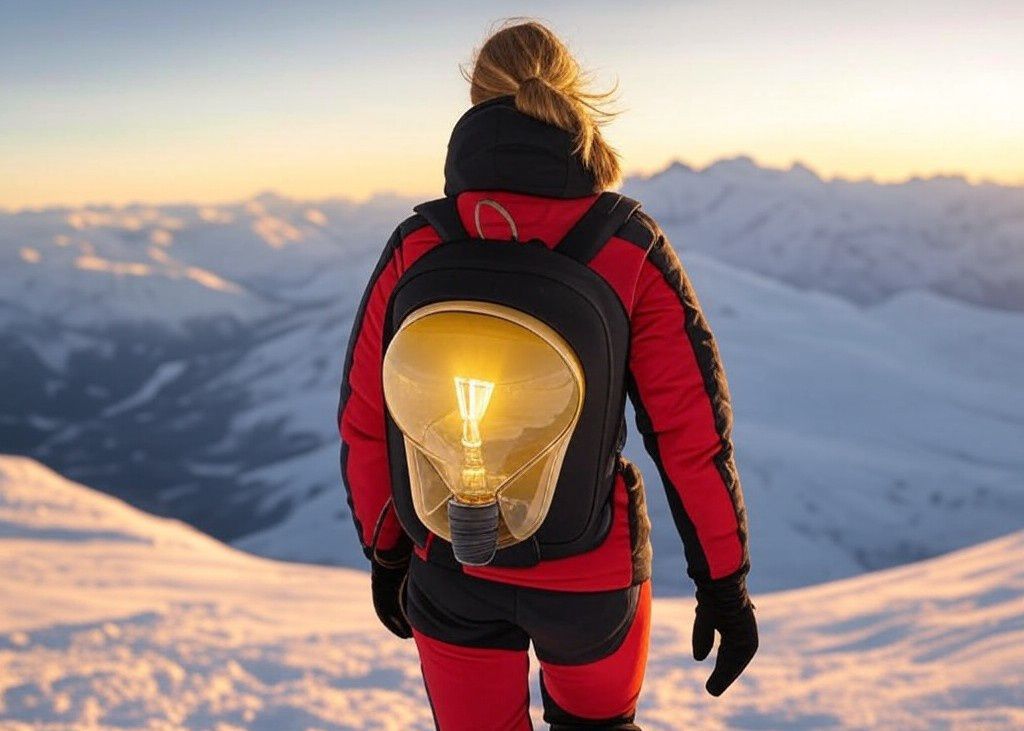 Ve por tu siguiente idea, no esperes. Una alpinista observando el horizonte por el que bajará para subir a su siguiente montaña. Lleva una mochila con una bombilla encendida por sus nuevas ideas.