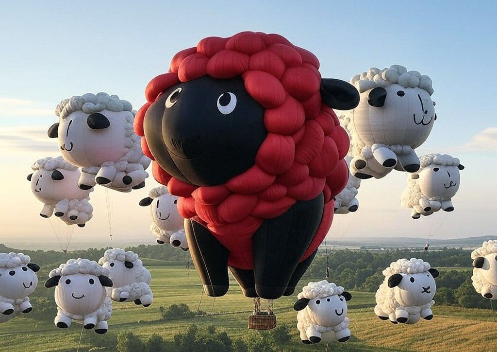 Un rebaño de ovejas flotando en forma de globo aerostático, una de ellas es negra con lana roja.