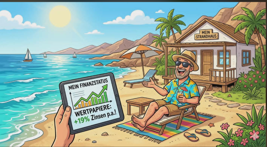 Cartoon mit einem Urlauber der entspannt am Meer seinen Wohlstand durch hohe Zinsen genießt