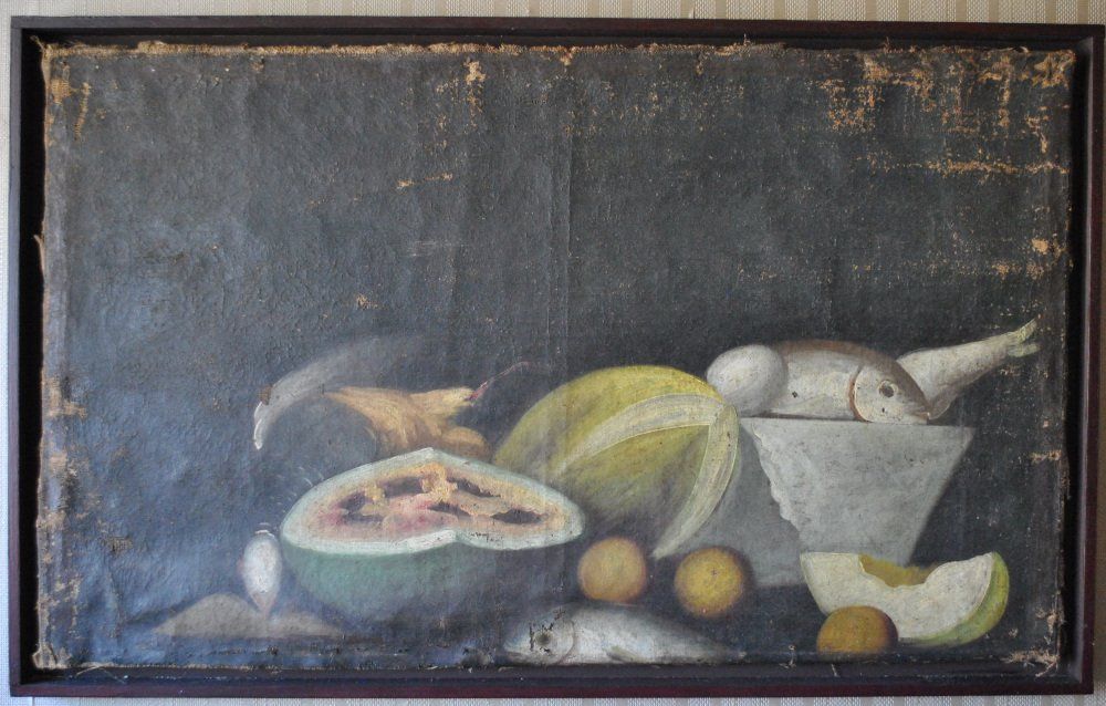 anikes Gemälde auf Leinwand mit Früchten, Rebhuhn und Fischen