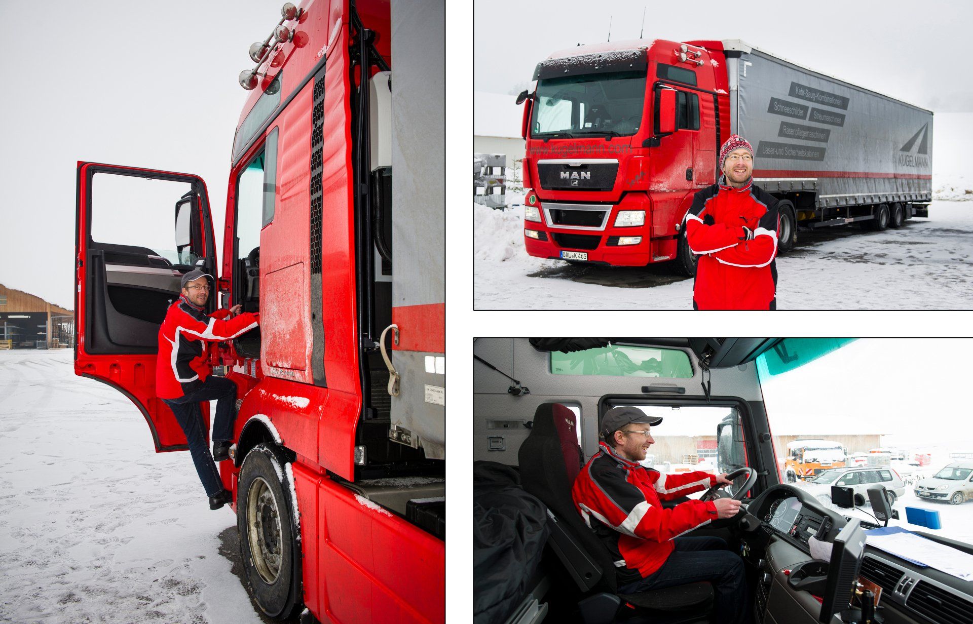 Auf diesem Bild ist Herr Ertl zu sehen, der ein begeisterter LKW-Sammler ist. Hier sieht man ihn, wie er gerade in einen großen, roten LKW einsteigt.