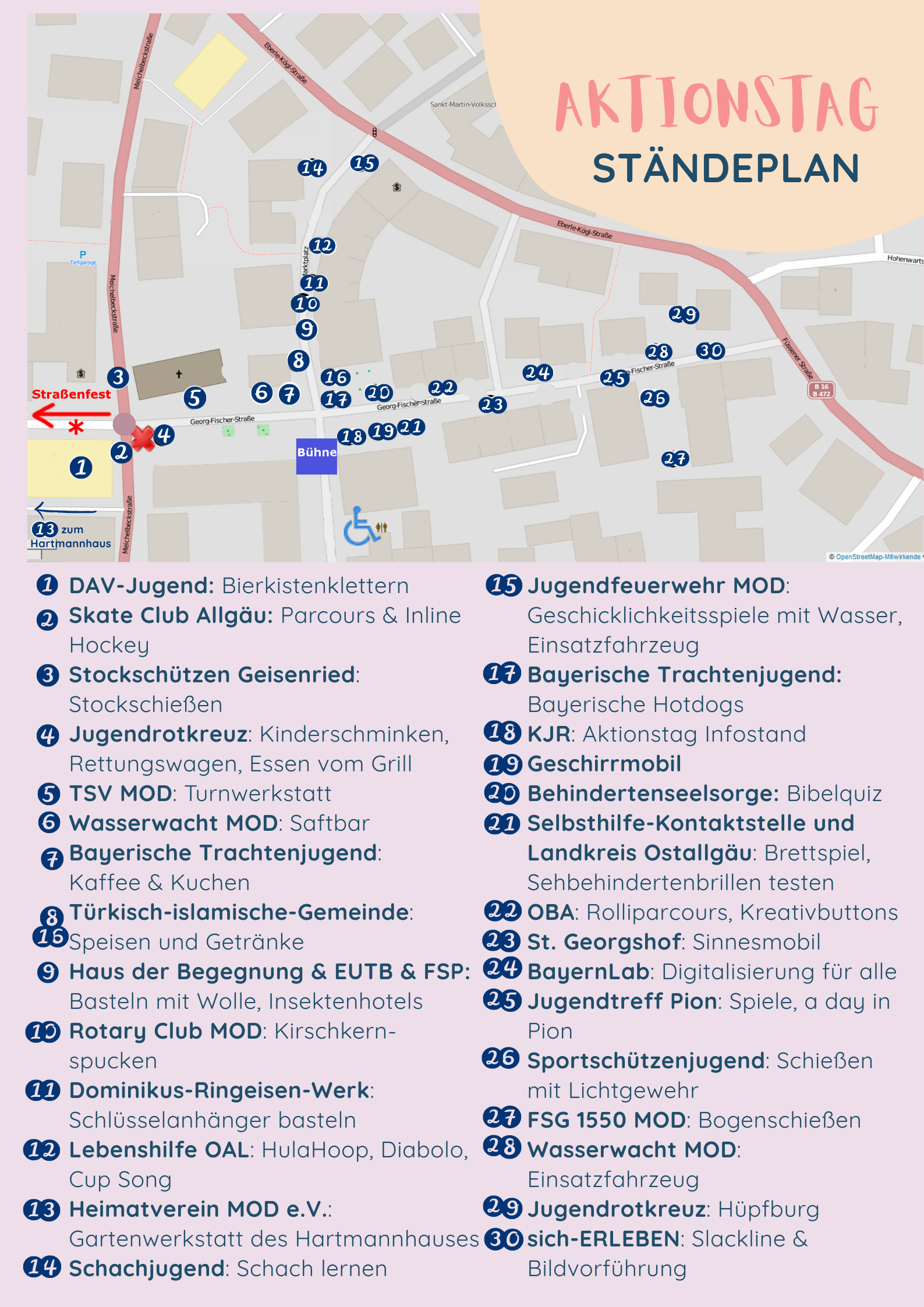 Auf diesem Bild ist ein Ständeplan für den Aktionstag mit 30 beteiligten Ständen von verschiedenen Vereinen und Einrichtungen abgebildet.