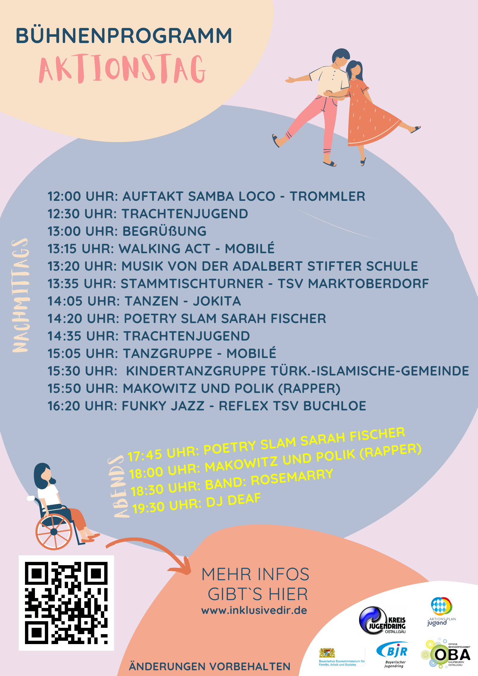 Auf diesem Bild ist ein Bühnenprogramm für den Aktionstag mit verschiedenen Auftritten dargestellt. Ganz unten befindet sich ein QR Code, der zu weiteren Informationen führen soll.