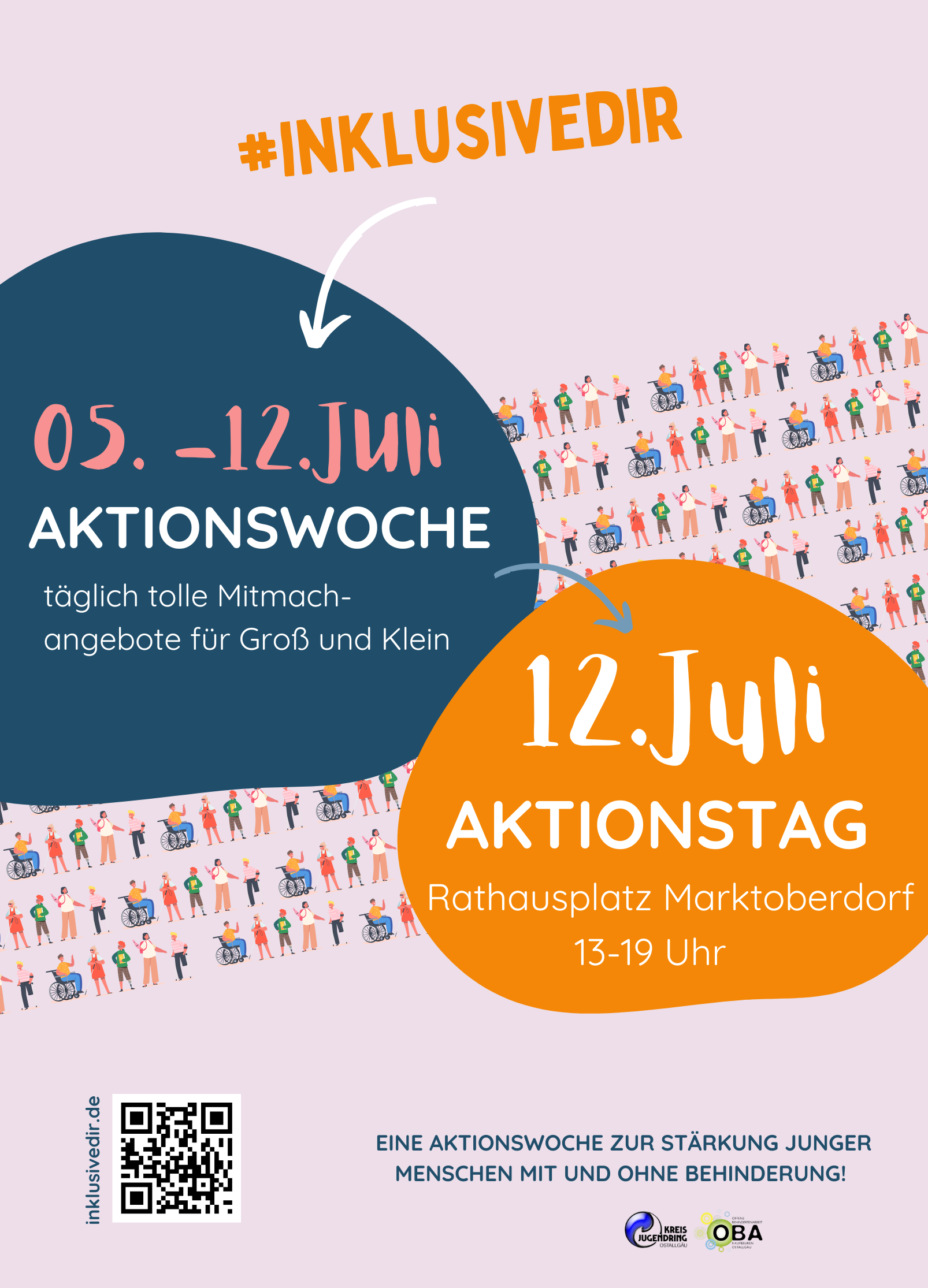 Das Bild ist mit der Überschrift Inklusion im Ostallgäu versehen. Es sind verschiedene Menschen mit und ohne Behinderung abgebildet. Das Bild stellt ein Werbeplakat für eine Aktionswoche dar, welche vom 17. bis zum 23. Juni stattfindet. Außerdem findet am 24. Juni ein Aktionstag in Marktoberdorf statt. Ganz unten ist ein QR-Code beigefügt, welcher zum Programm der Aktionswoche führt.
