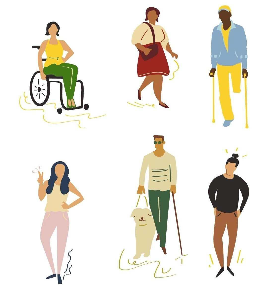Auf diesem Bild sind verschiedene Menschen mit und ohne Behinderung skizziert.