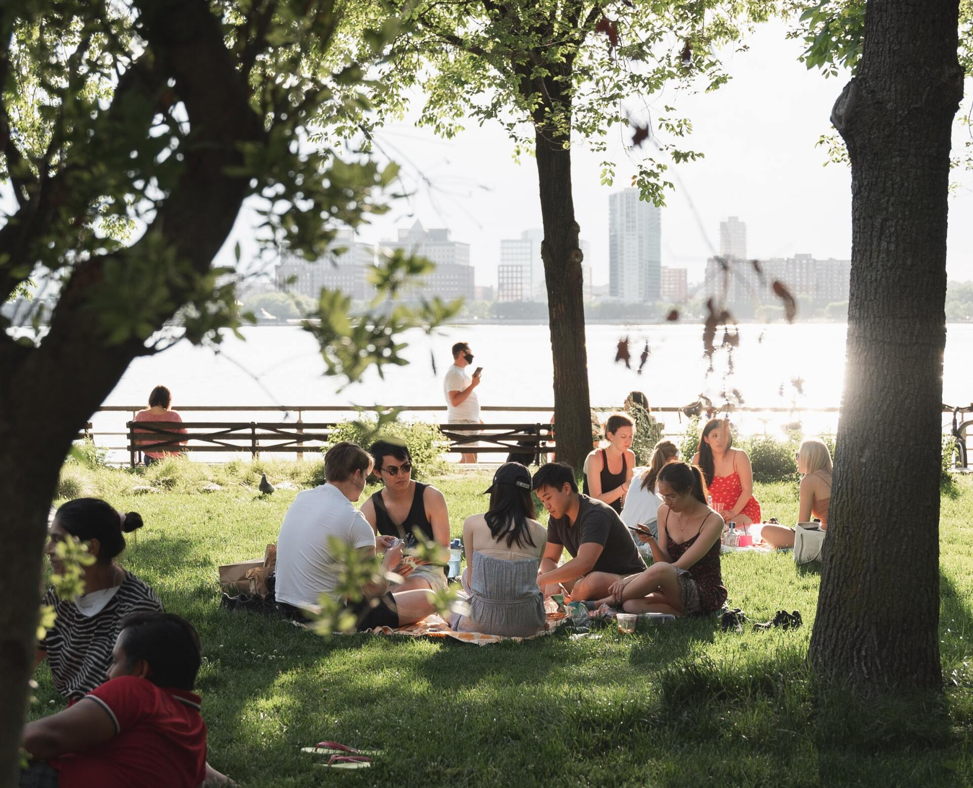 Auf diesem Bild sind junge Menschen abgebildet, die in einem Sitzkreis in einem Park sitzen.
