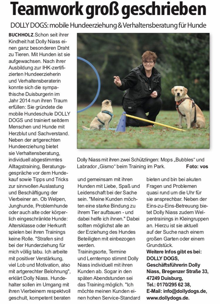 Zeitungsartikel über Dolly Dogs - mobile Hundeerziehung und Verhaltensberatung für Hunde