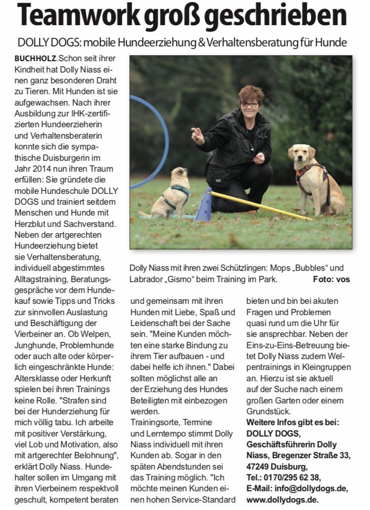 Seit 2014 steht Dolly Dogs für Hundetraining mit Herz, Humor und Sachverstand. Zeitungsartikel über Dolly Dogs - mobile Hundeerziehung und Verhaltensberatung für Hunde