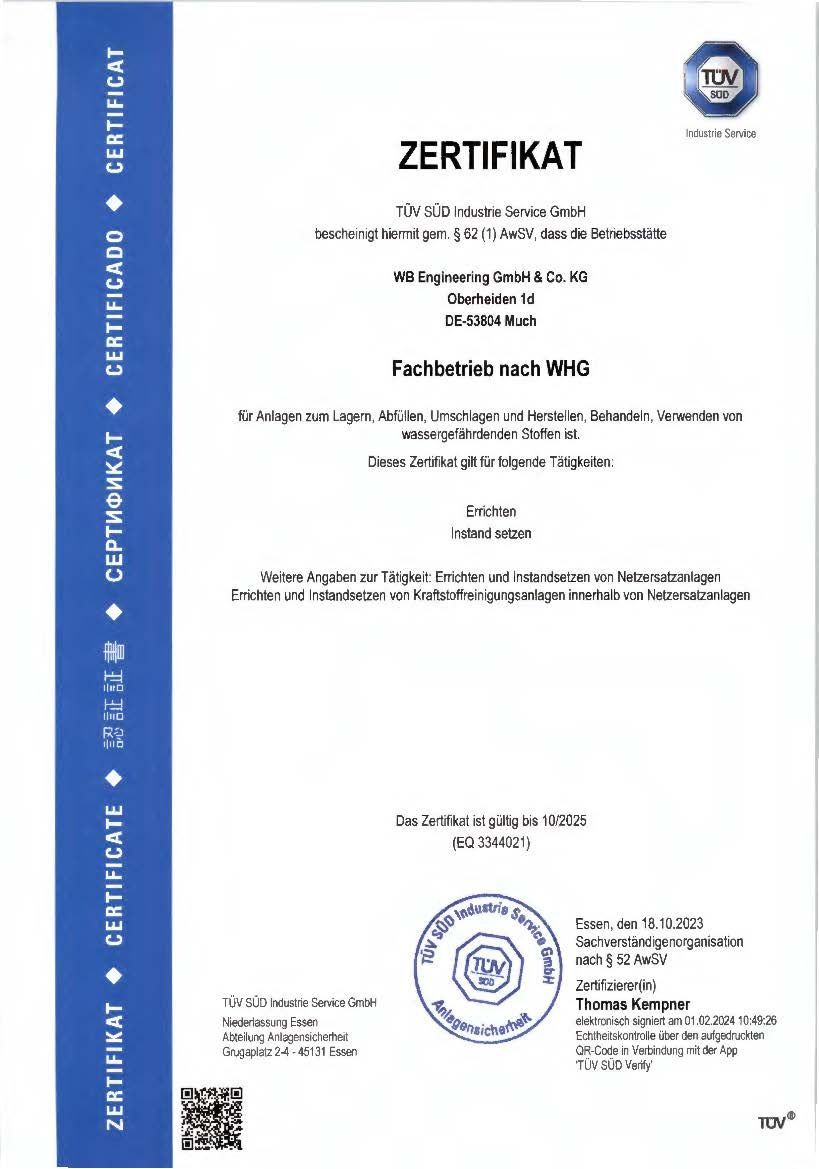 Zertifikat Fachbetrieb nach WHG dt. 18.10.2023