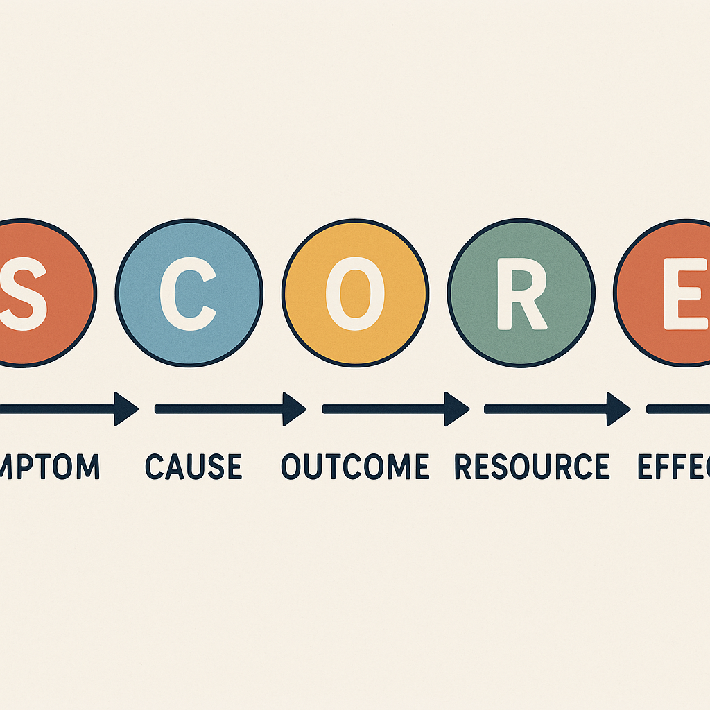 Illustration des S.C.O.R.E.-Modells mit fünf farbigen Kreisen für Symptom, Cause, Outcome, Resource