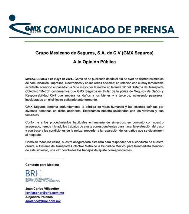 Comunicado de prensa GMX línea 12 metro CDMX