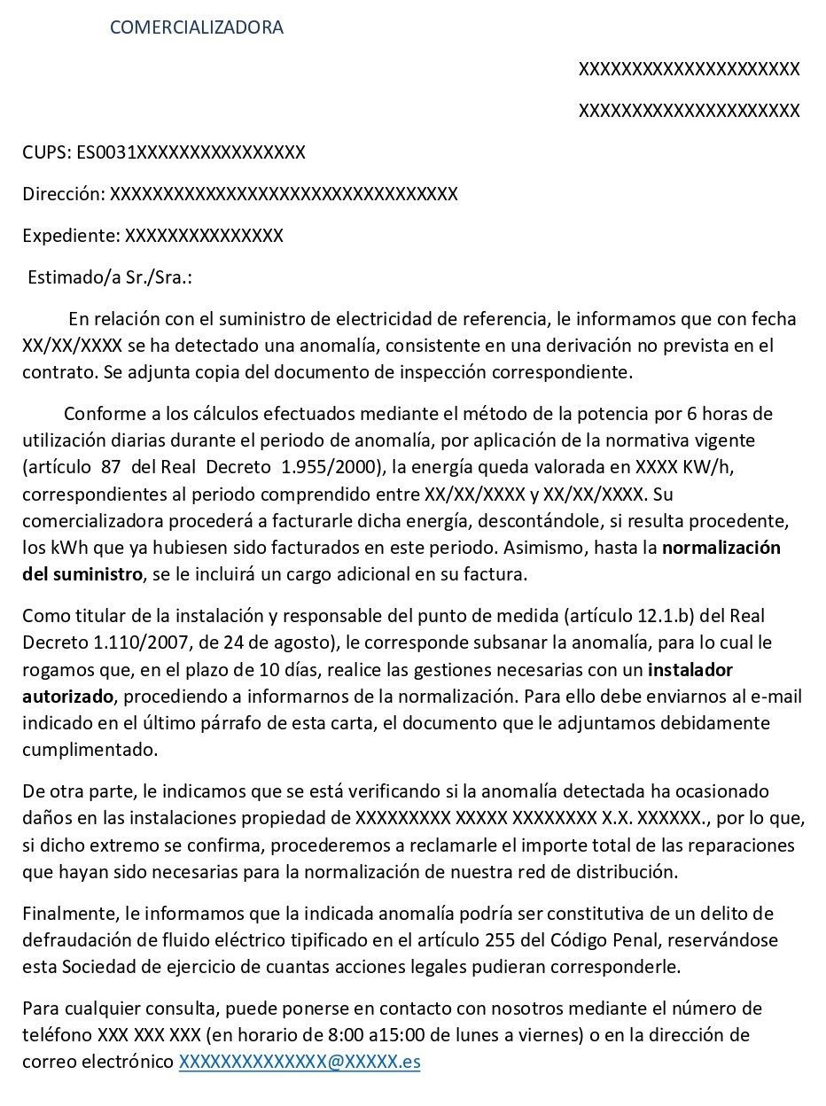 notificación Endesa por doble acometida en La Rinconada notificación Endesa por fraude eléctrico en La Rinconada