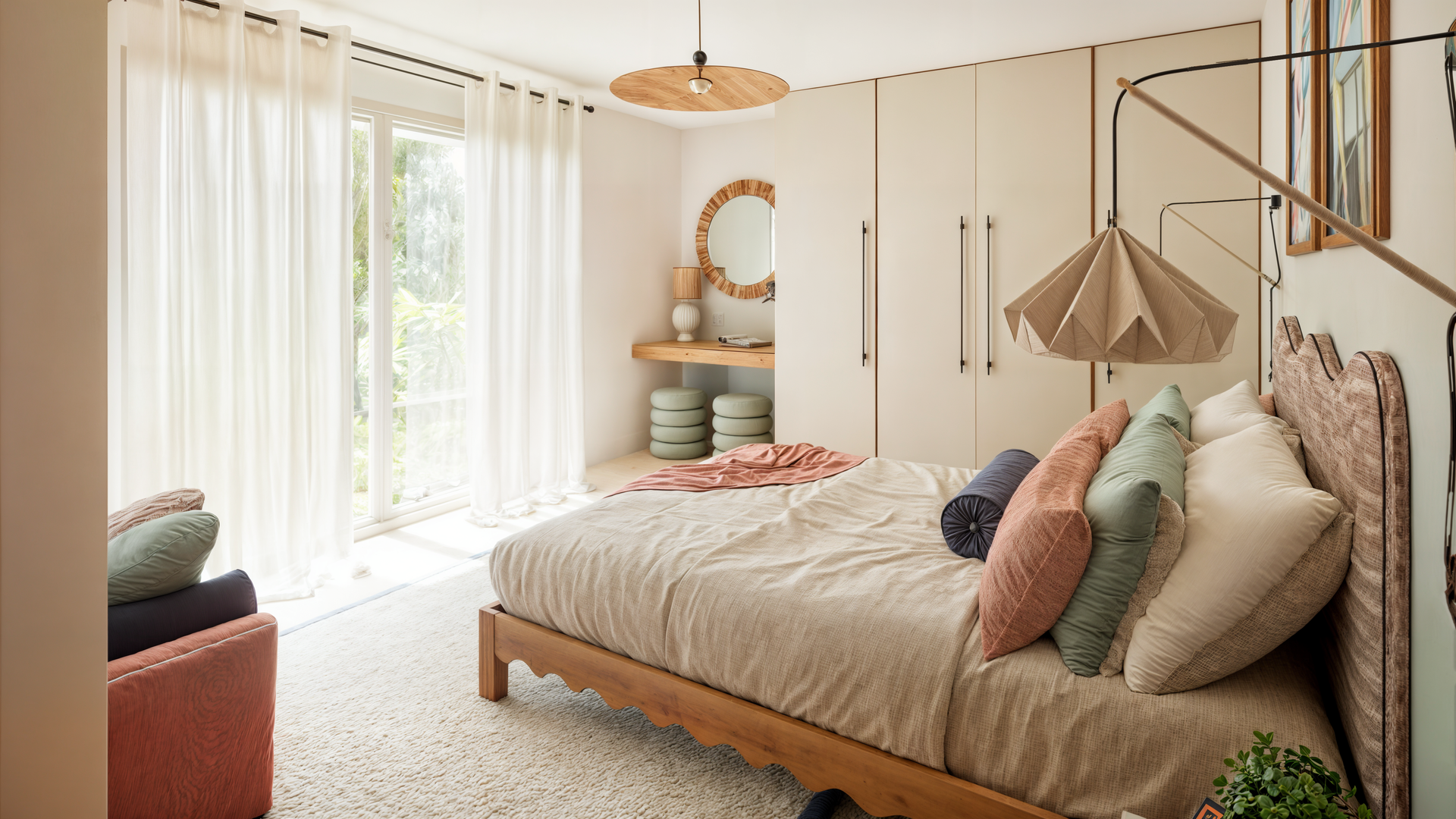 Une chambre avec un lit, une vanité, un miroir, des tableaux aux murs et un placard.