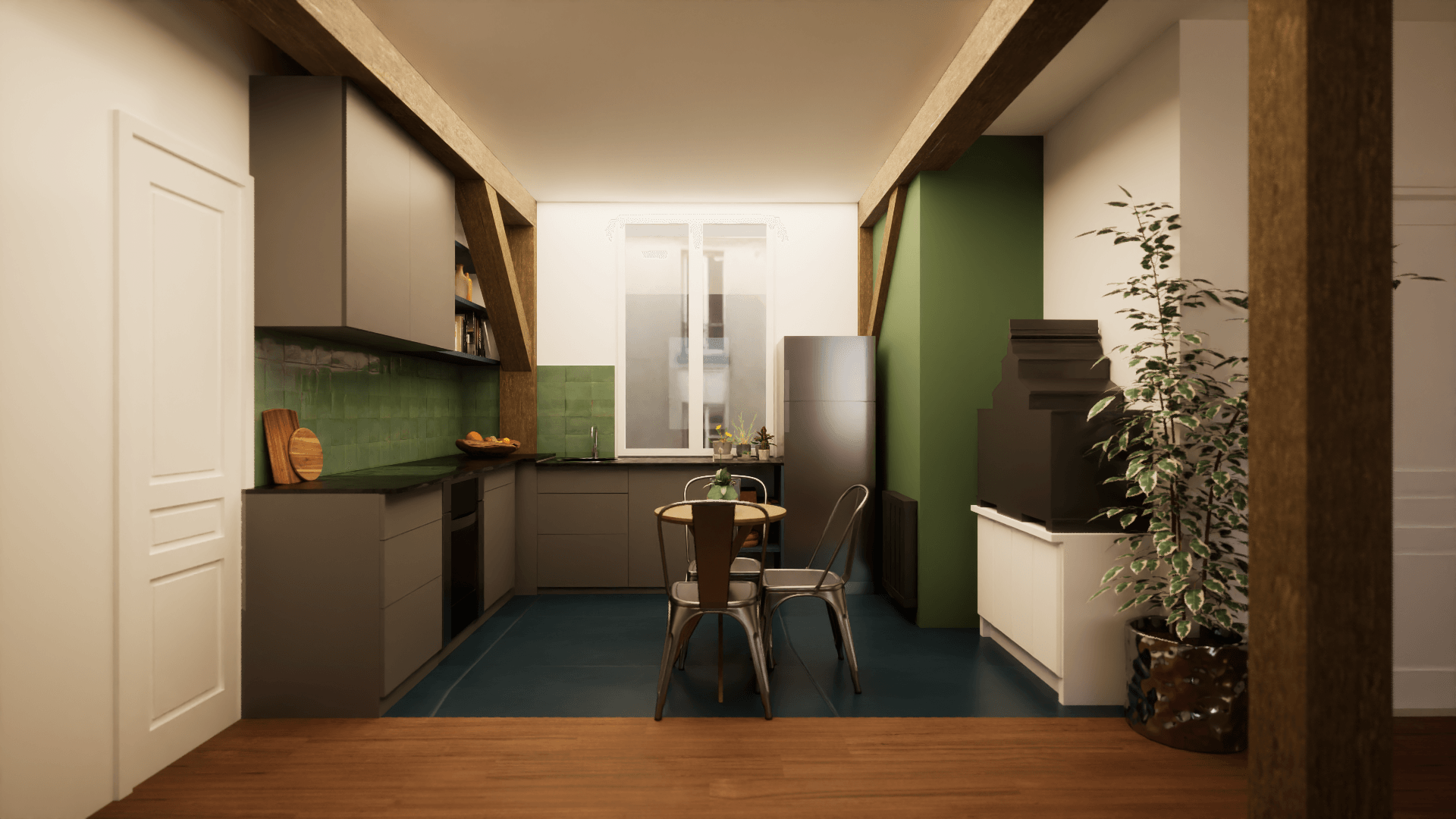 Cuisine carrelage bleu, façades grises et crédence en zellige vert